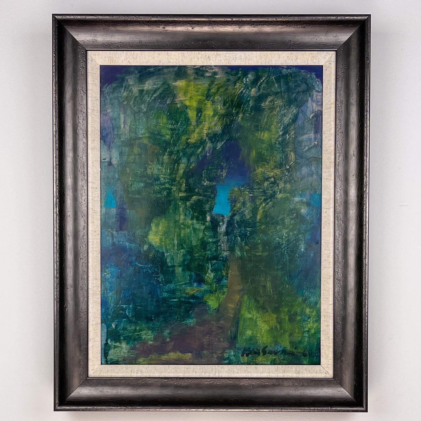 Original artwork by Finnish painter Max Salmi. 

In this abstracted landscape a meandering road is depicted disappearing in a forest. It is painted with dynamic brushstrokes in a beautiful palet of greens and blues. 

The artist signed the work