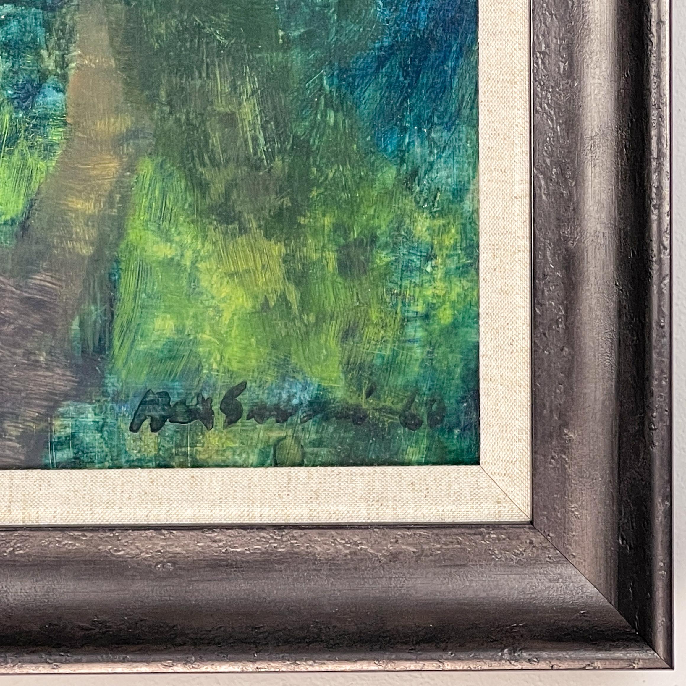 Painted Midcentury abstracted oilpaining by Max Salmi Landscape 1968 oil on board framed For Sale