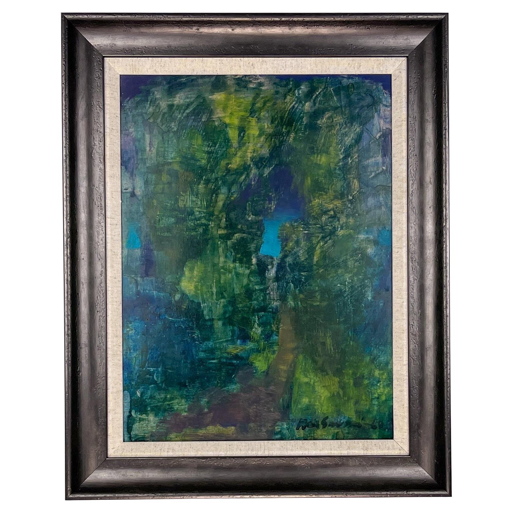 Midcentury abstracted oilpaining by Max Salmi Landscape 1968 oil on board framed For Sale