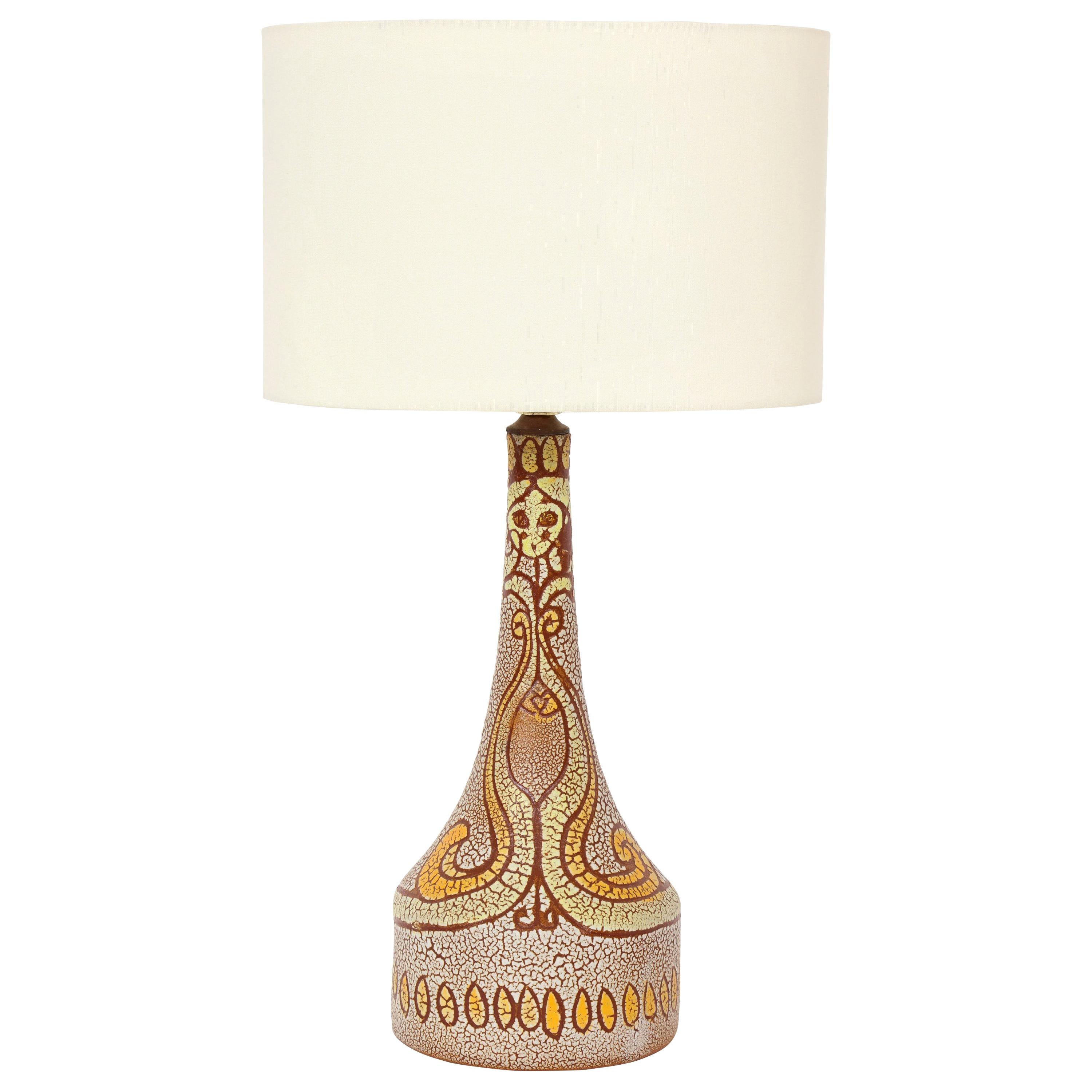 Midcentury Accolay Yellow, Orange, Brown Ceramic Table Lamp, France, 1950 For Sale