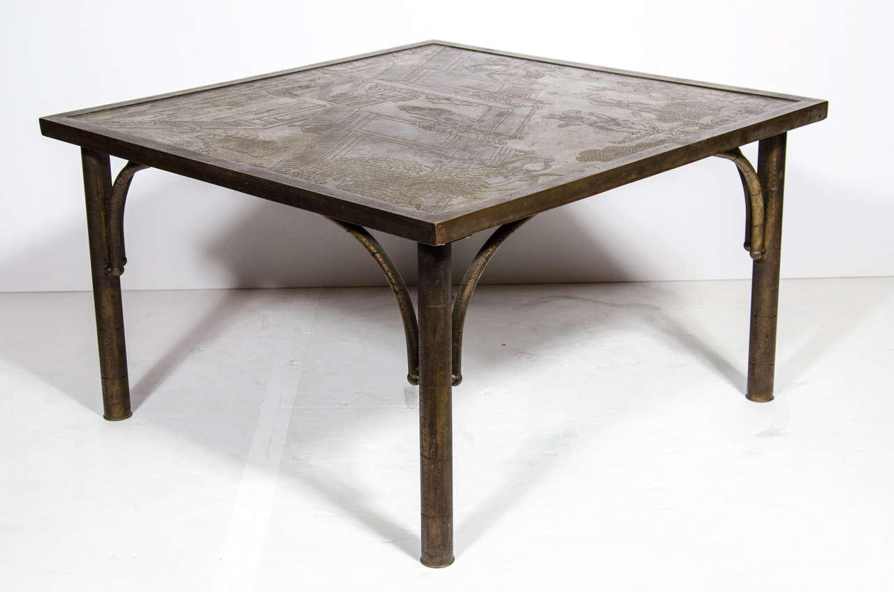 This stunning and iconic cocktail table was realized in the United States by the legendary midcentury designers- the LaVerne brothers, circa 1960. Handcrafted in a combination of polychromed bronze & pewter, this piece, from their celebrated 