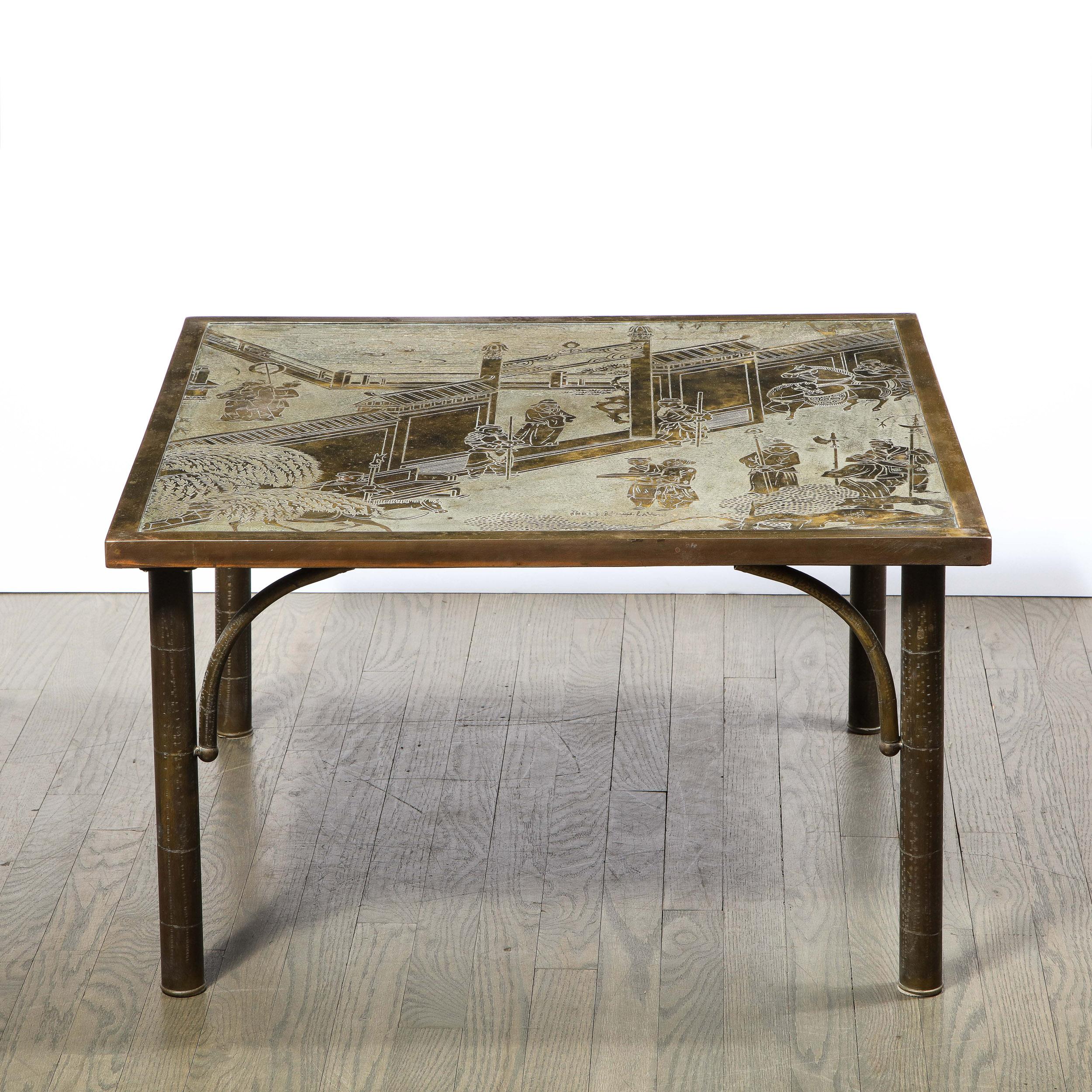 This stunning and iconic cocktail table was realized in the United States by the legendary midcentury designers- the LaVerne brothers, circa 1960. Handcrafted in a combination of polychromed bronze & pewter, this piece, from their celebrated 