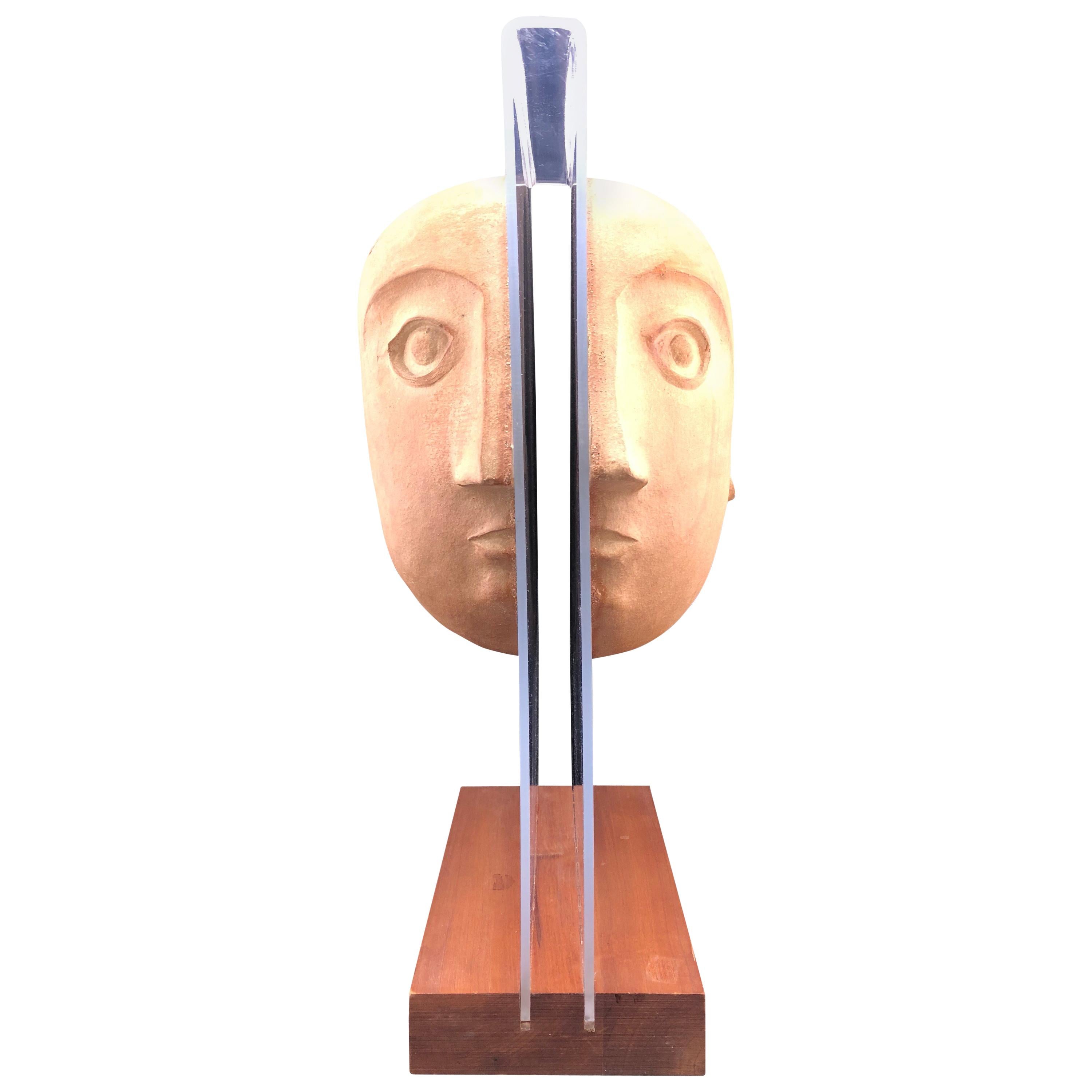 Midcentury Acrylic and Ceramic Head Sculpture by David Gil for Bennington For Sale