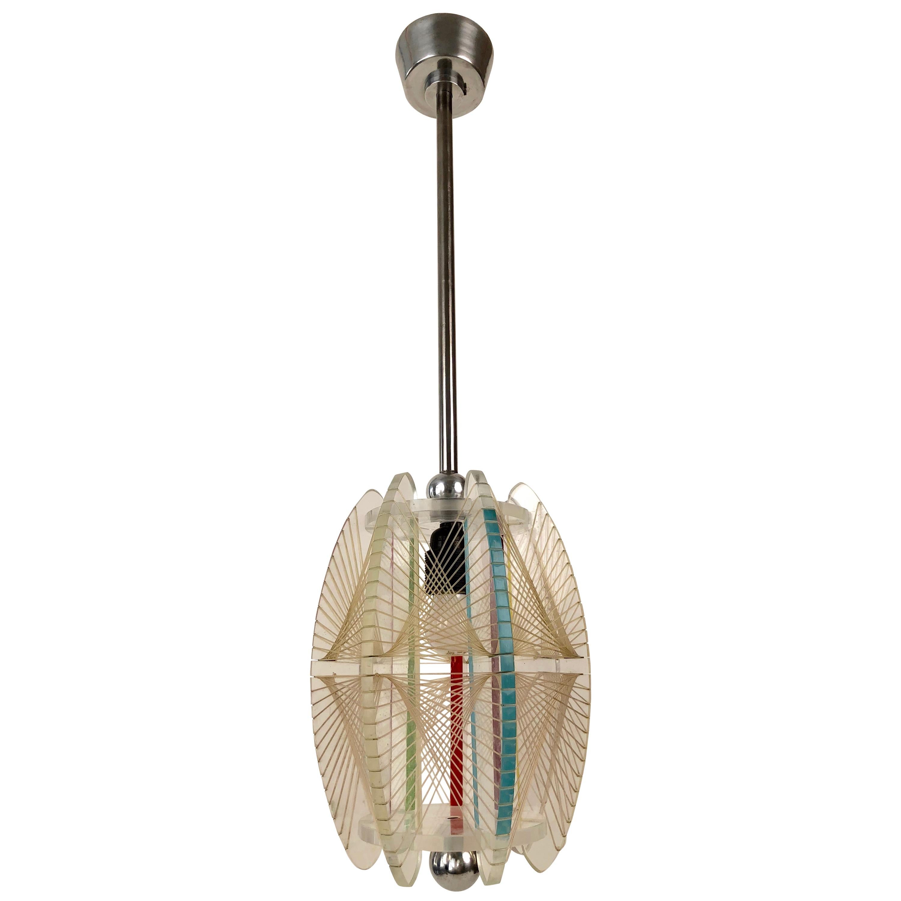 Midcentury Acrylic and Mono Filament Pendant with Color Accents, Czech Republic For Sale