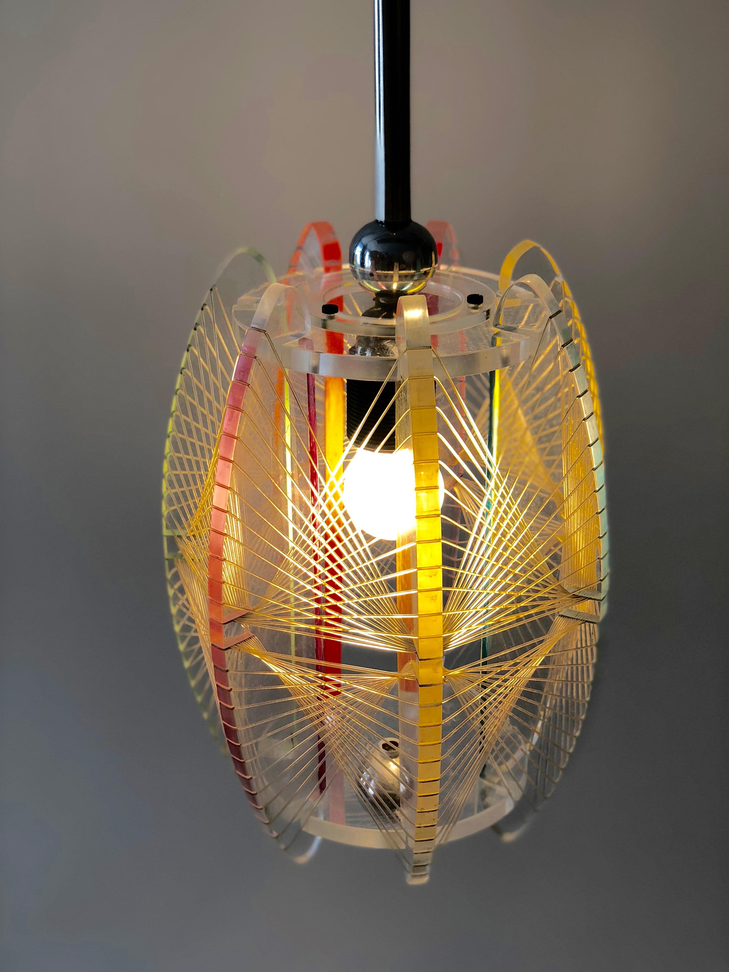 Midcentury Acrylic and Mono Filament Pendant with Color Accents, Czech Republic For Sale 3