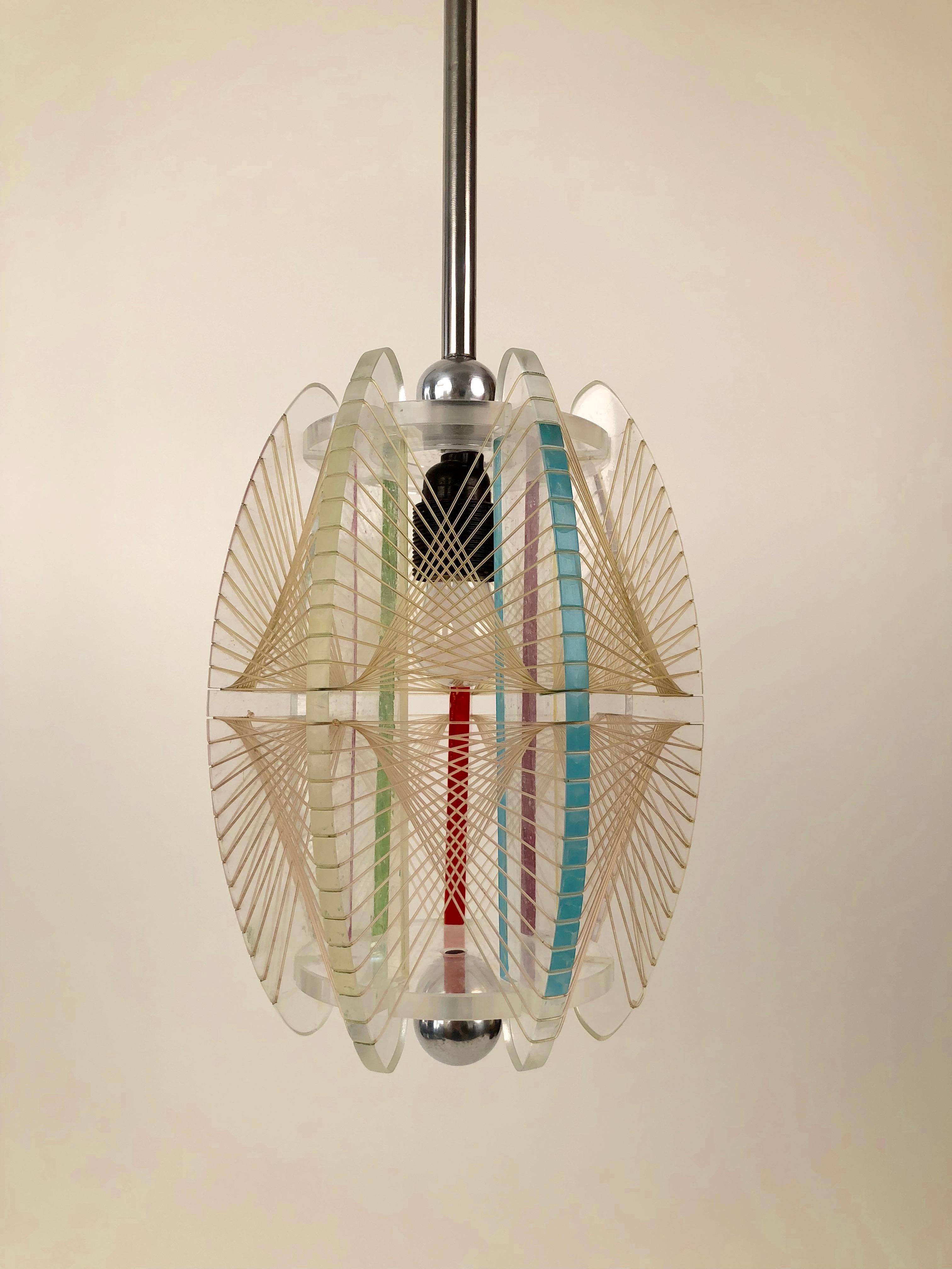 Midcentury Acrylic and Mono Filament Pendant with Color Accents, Czech Republic In Good Condition For Sale In Vienna, Austria