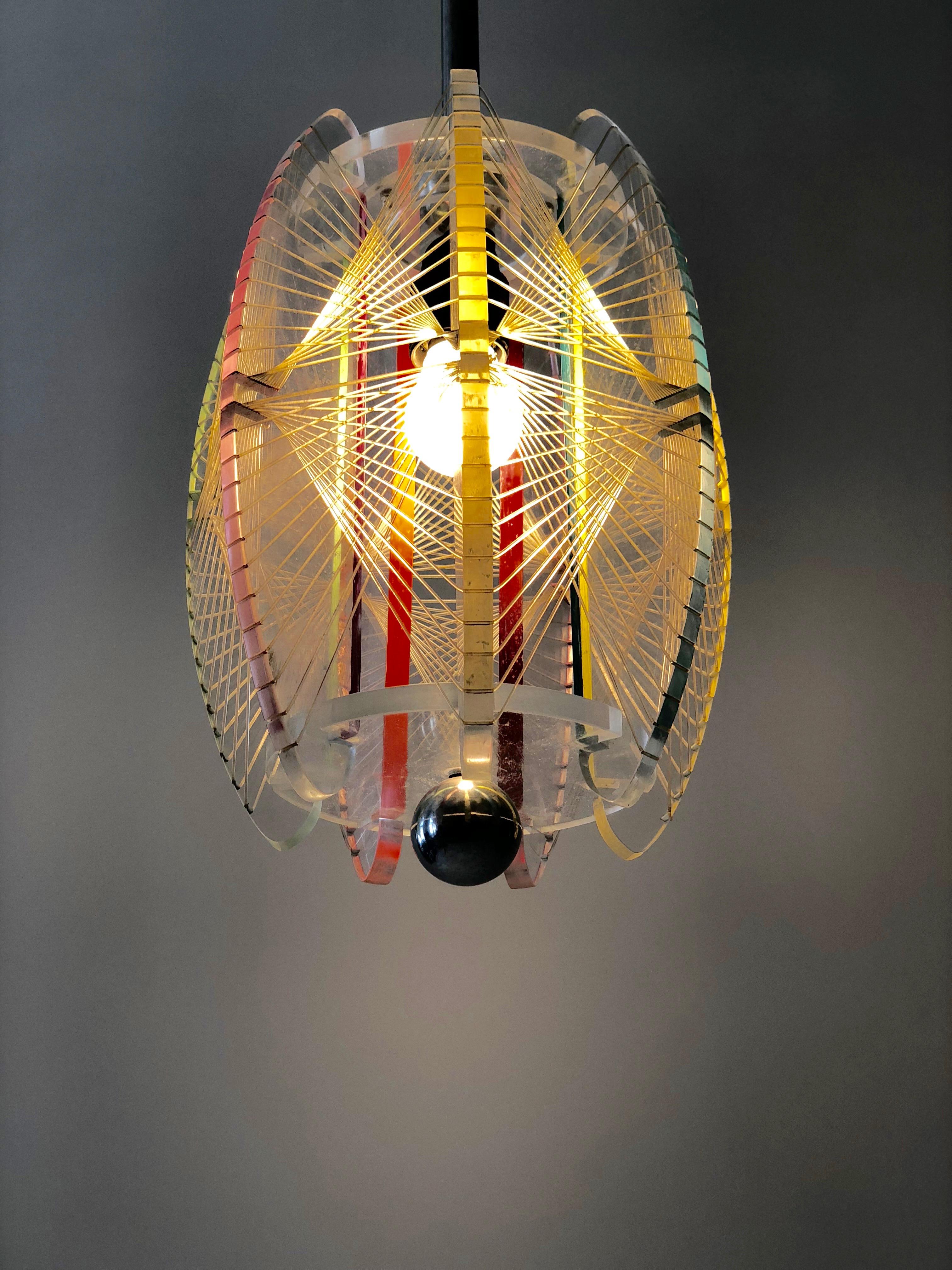 Midcentury Acrylic and Mono Filament Pendant with Color Accents, Czech Republic For Sale 2