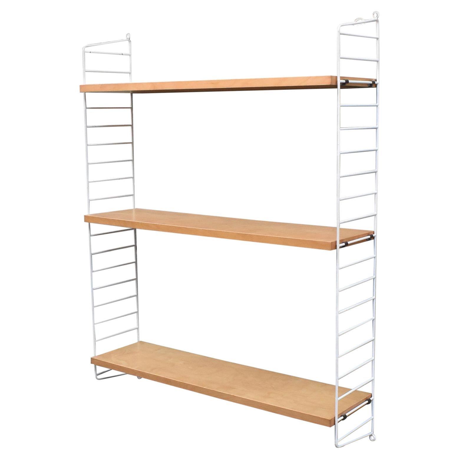 Midcentury Adjustable Birch and Coated Wire Wall Shelves by String, Sweden, 8" D For Sale