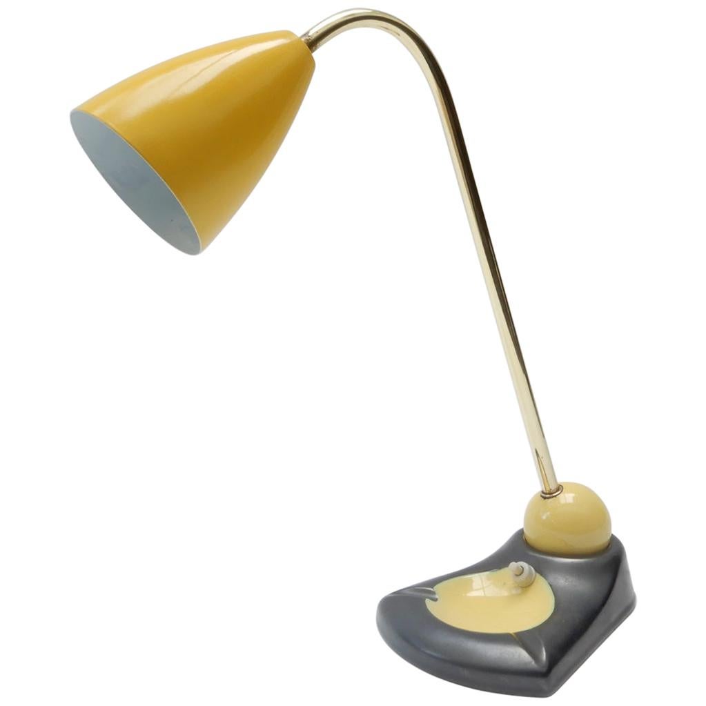 Midcentury Adjustable Brass Table Lamp and Vide Poche with a Yellow Metal Shade For Sale