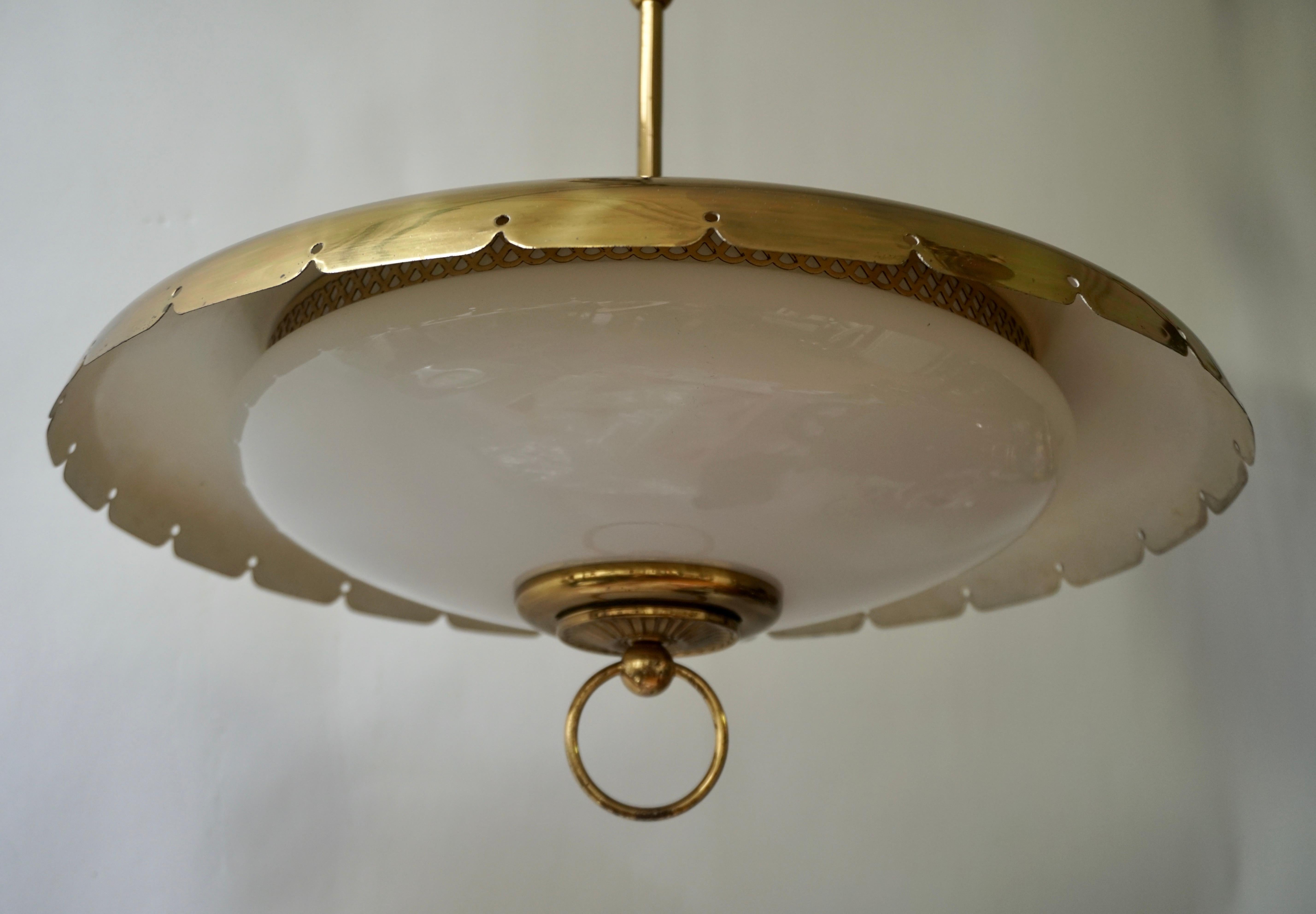 20th Century Midcentury Adjustable Counterweight Brass and Glass Pendant Lamp, 1960s 1970s
