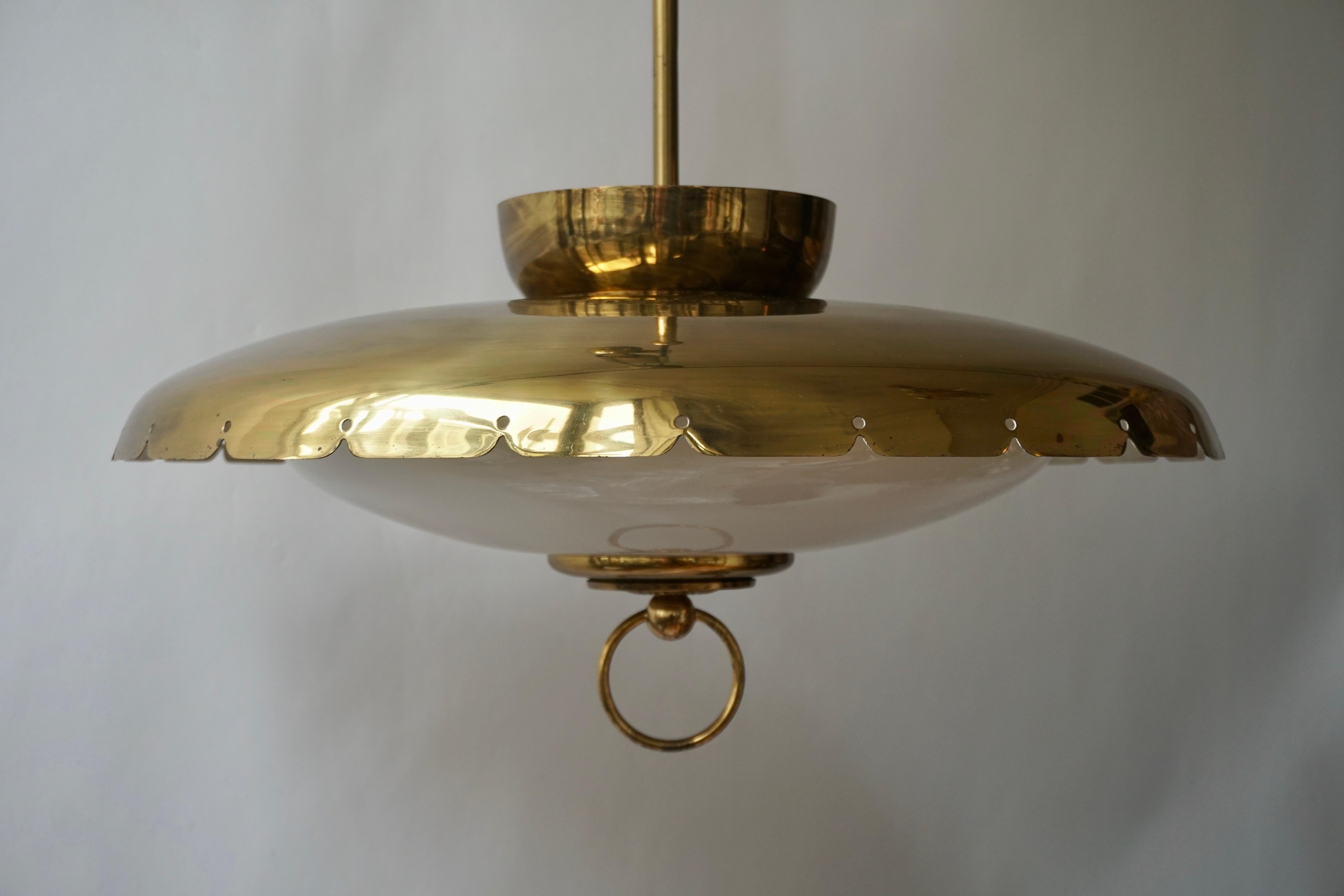 Rope Midcentury Adjustable Counterweight Brass and Glass Pendant Lamp, 1960s 1970s