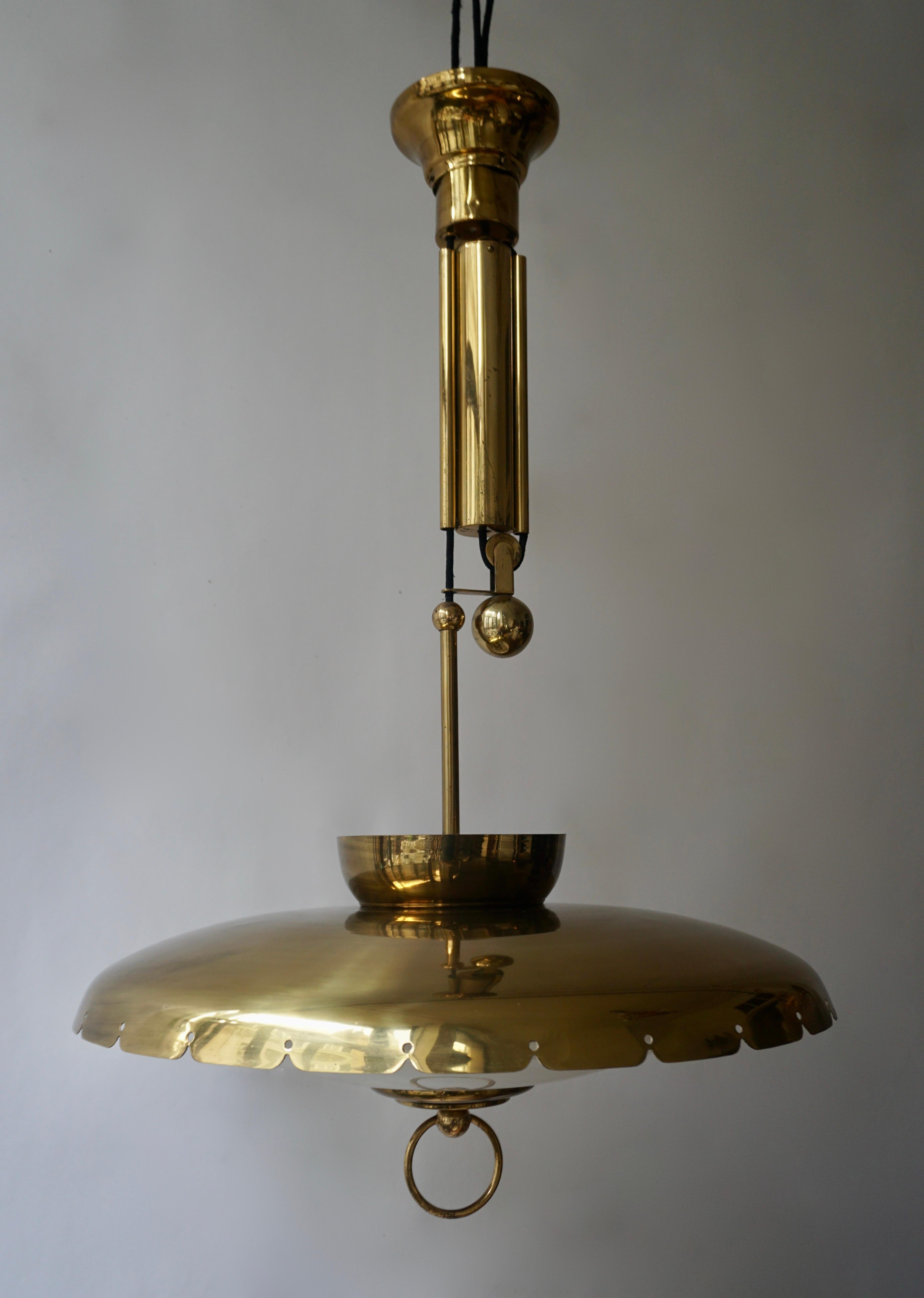 Midcentury Adjustable Counterweight Brass and Glass Pendant Lamp, 1960s 1970s 1