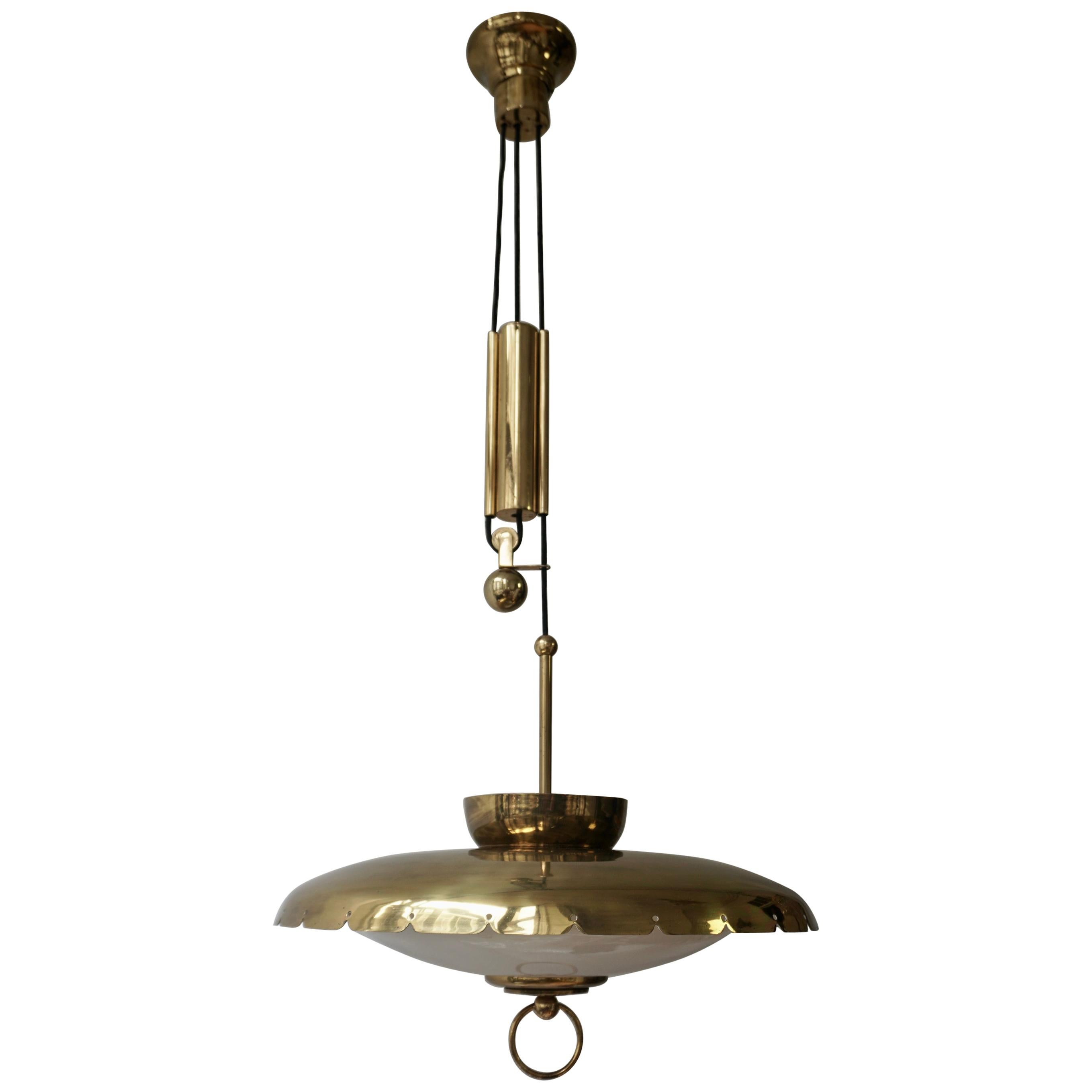 Midcentury Adjustable Counterweight Brass and Glass Pendant Lamp, 1960s 1970s