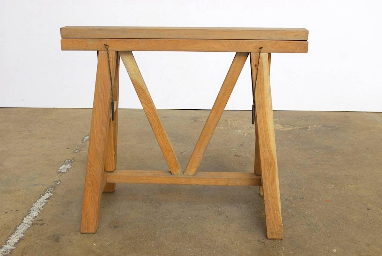 Midcentury Adjustable Height French Oak Sawhorse Desk In Excellent Condition In Rio Vista, CA