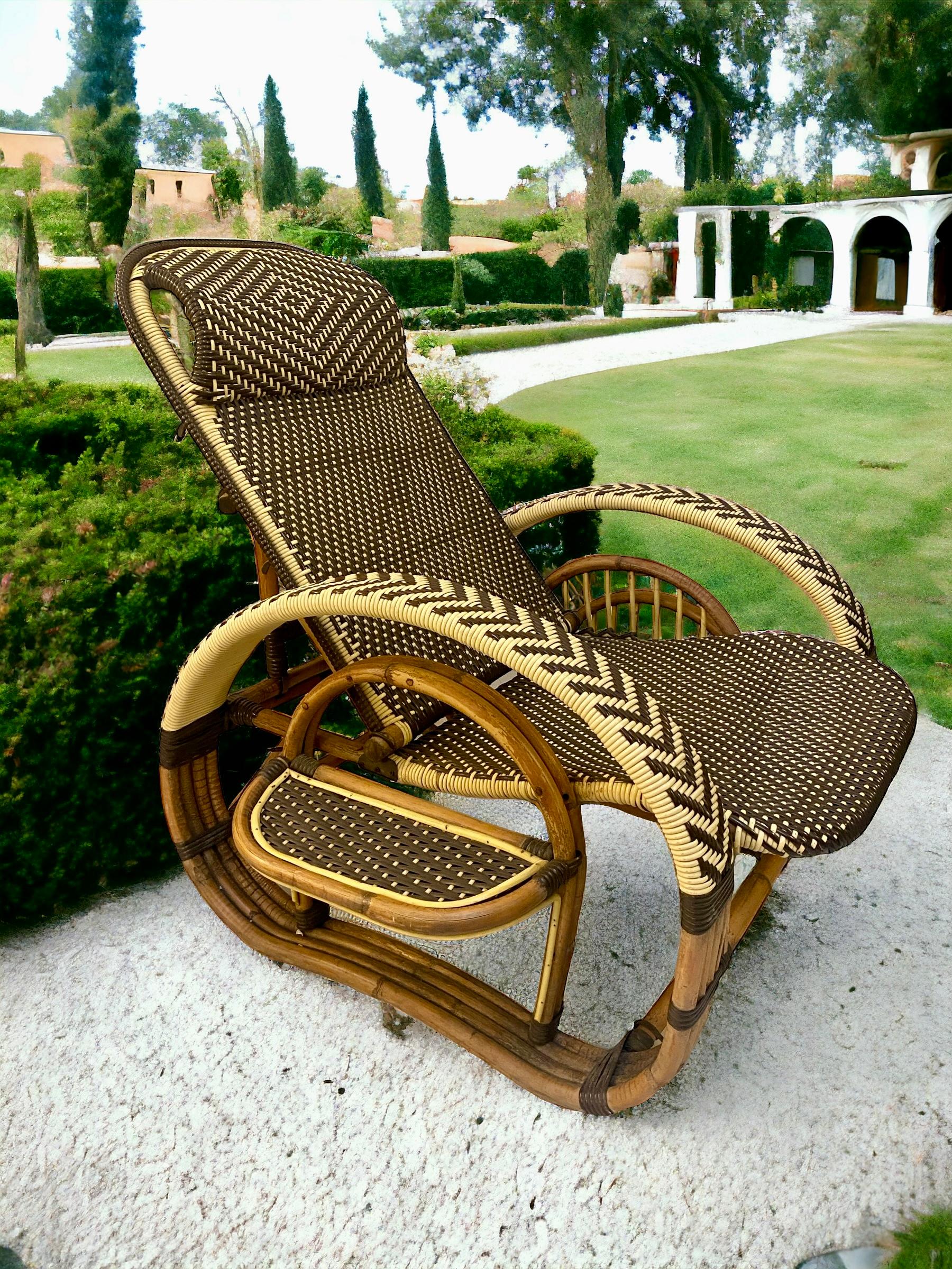 Original tumbona reclinable de bambú y ratán de mediados de siglo, de tres patas, con estilizados brazos en forma de pretzel.
 Tiene un diseño maravilloso de aspecto clásico. Proporcionan comodidad y facilidad de uso con el estilo Paul Frank que se