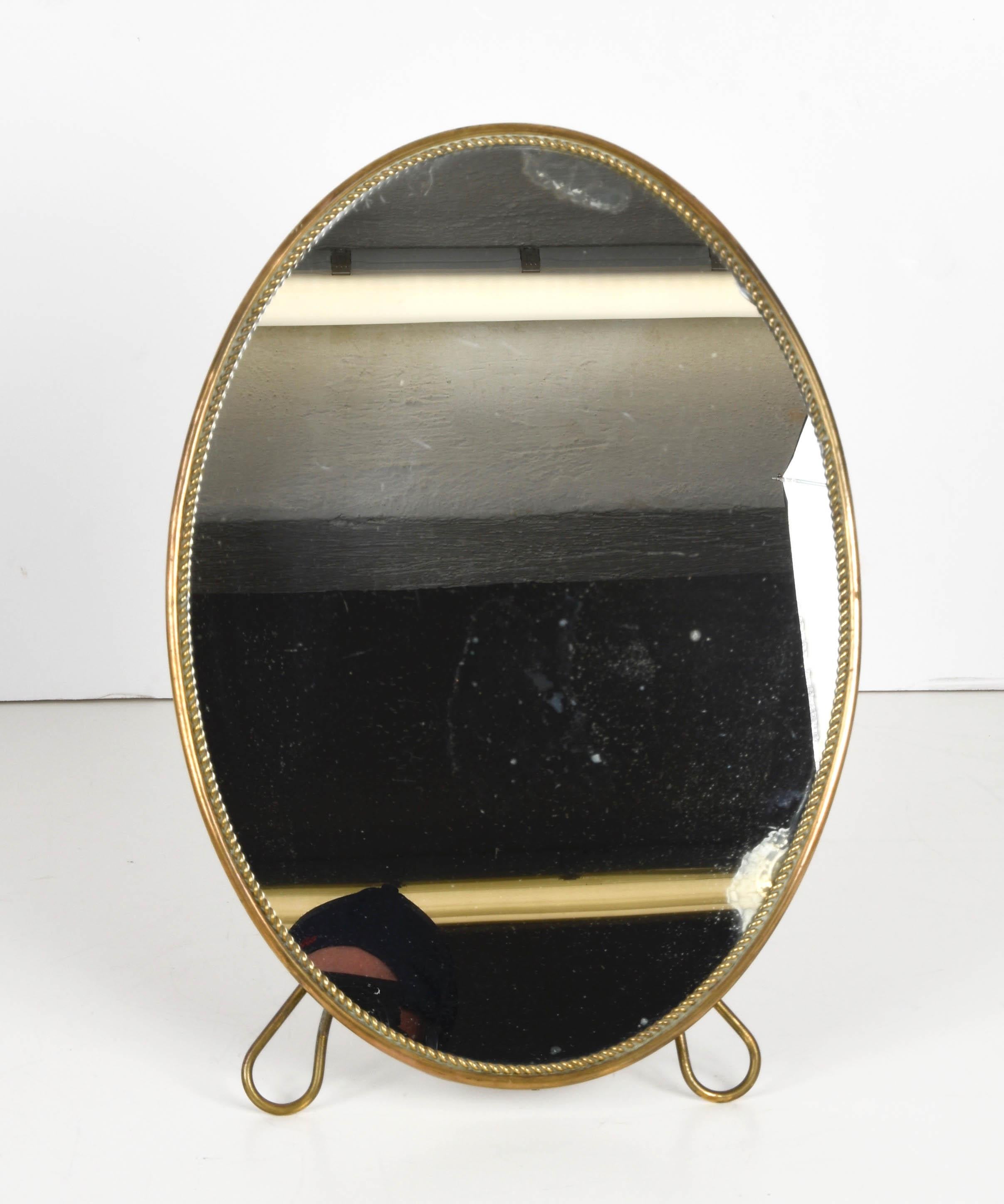 20th Century Midcentury Adjustable Vanity Italian Oval Table Mirror with Brass Frame, 1950s