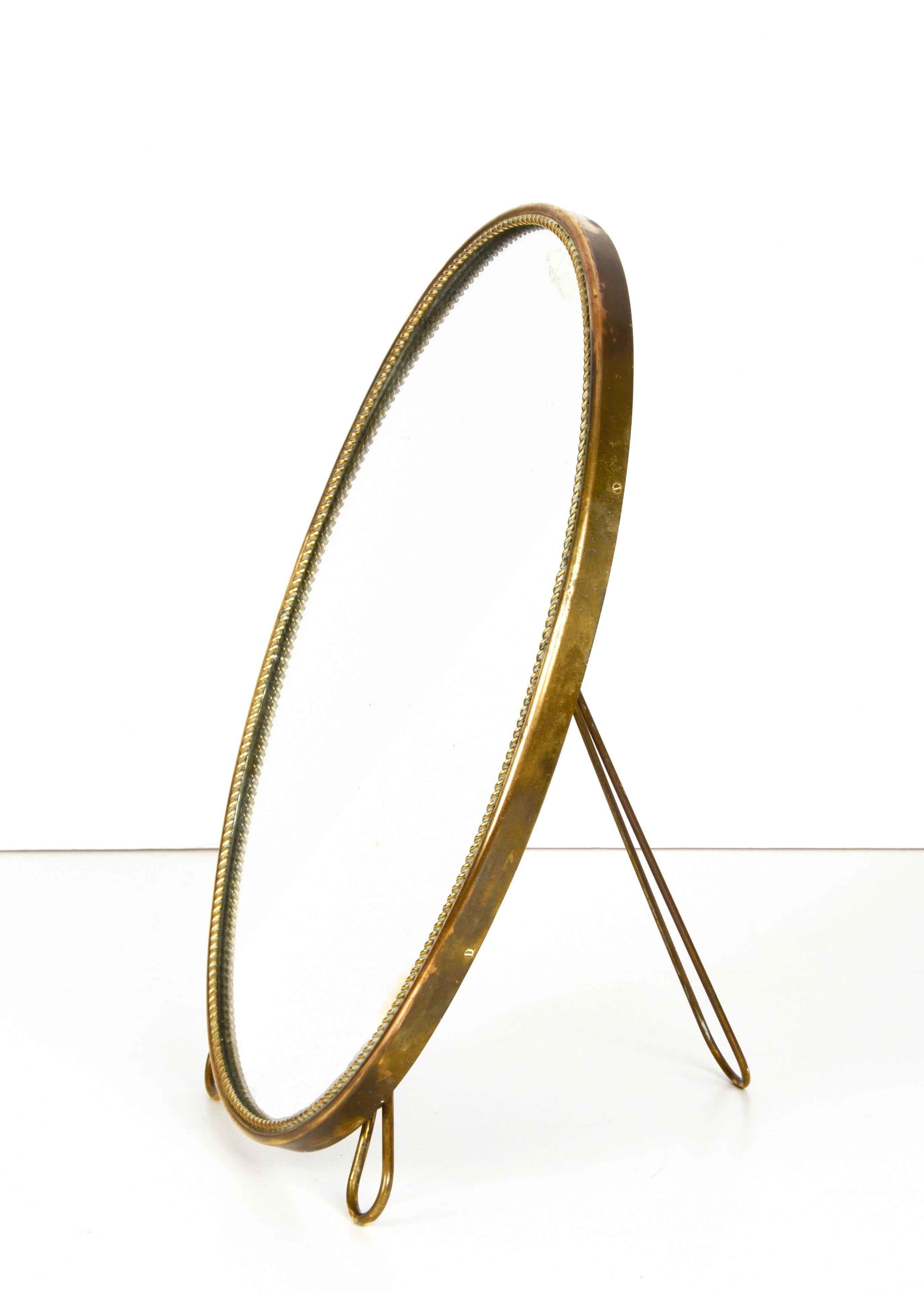Midcentury Adjustable Vanity Italian Oval Table Mirror with Brass Frame, 1950s 1