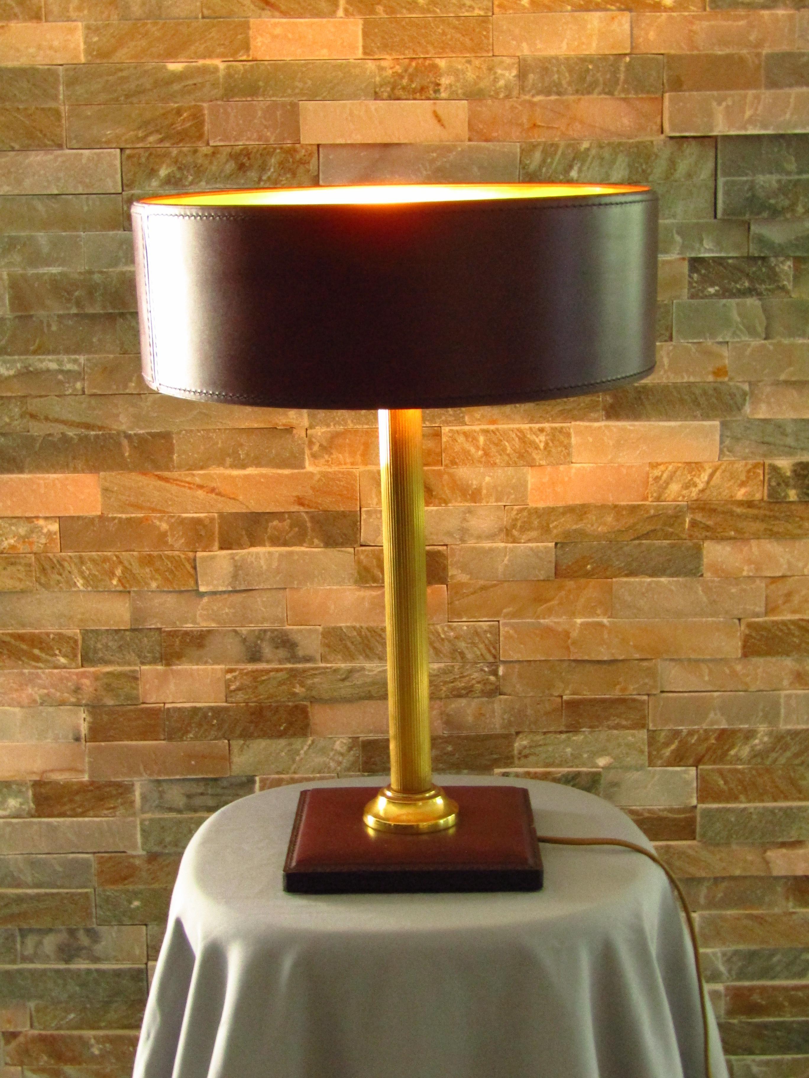 Midcentury Adnet Desk Table Lamp Leather and Brass 9