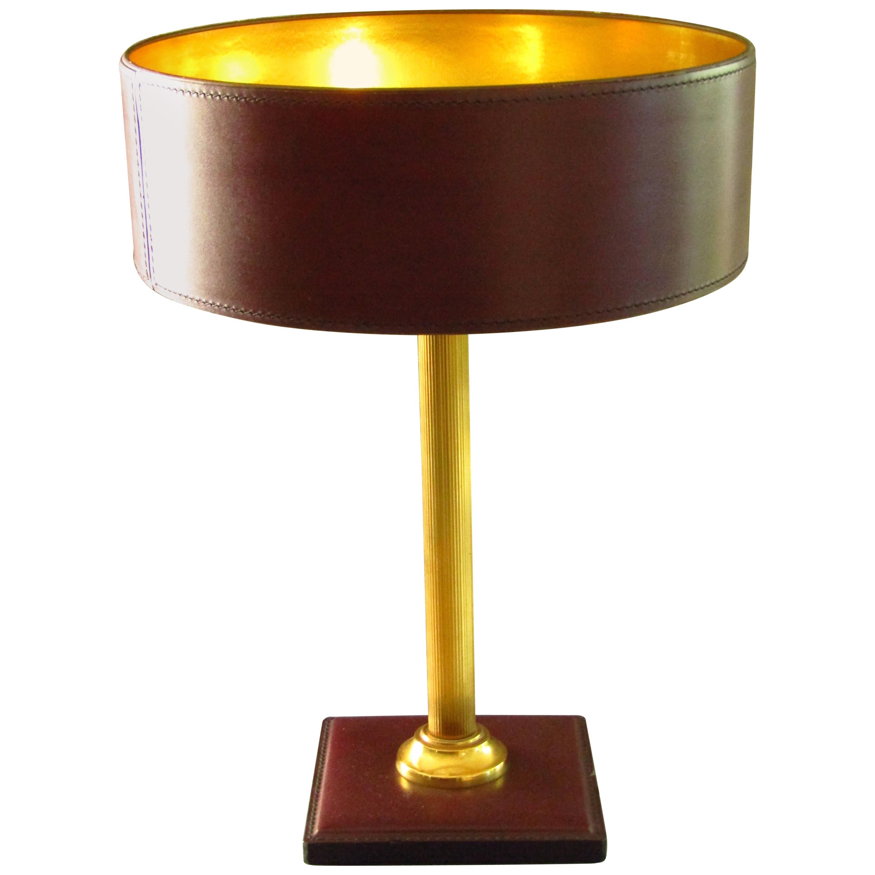 Midcentury Adnet Desk Table Lamp Leather and Brass