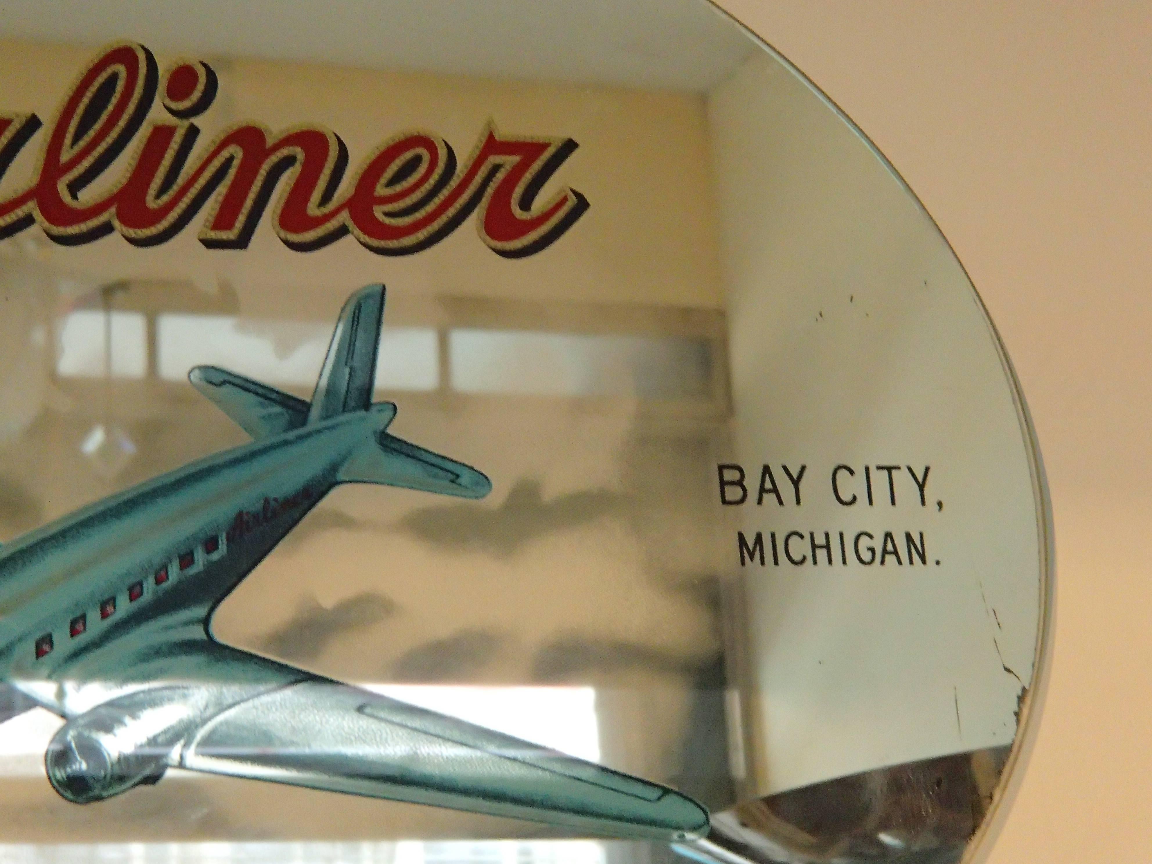Mid-Century Modern Miroir publicitaire du milieu du siècle « Airliner » San Telmo Cigar Co Bay City Michigan en vente