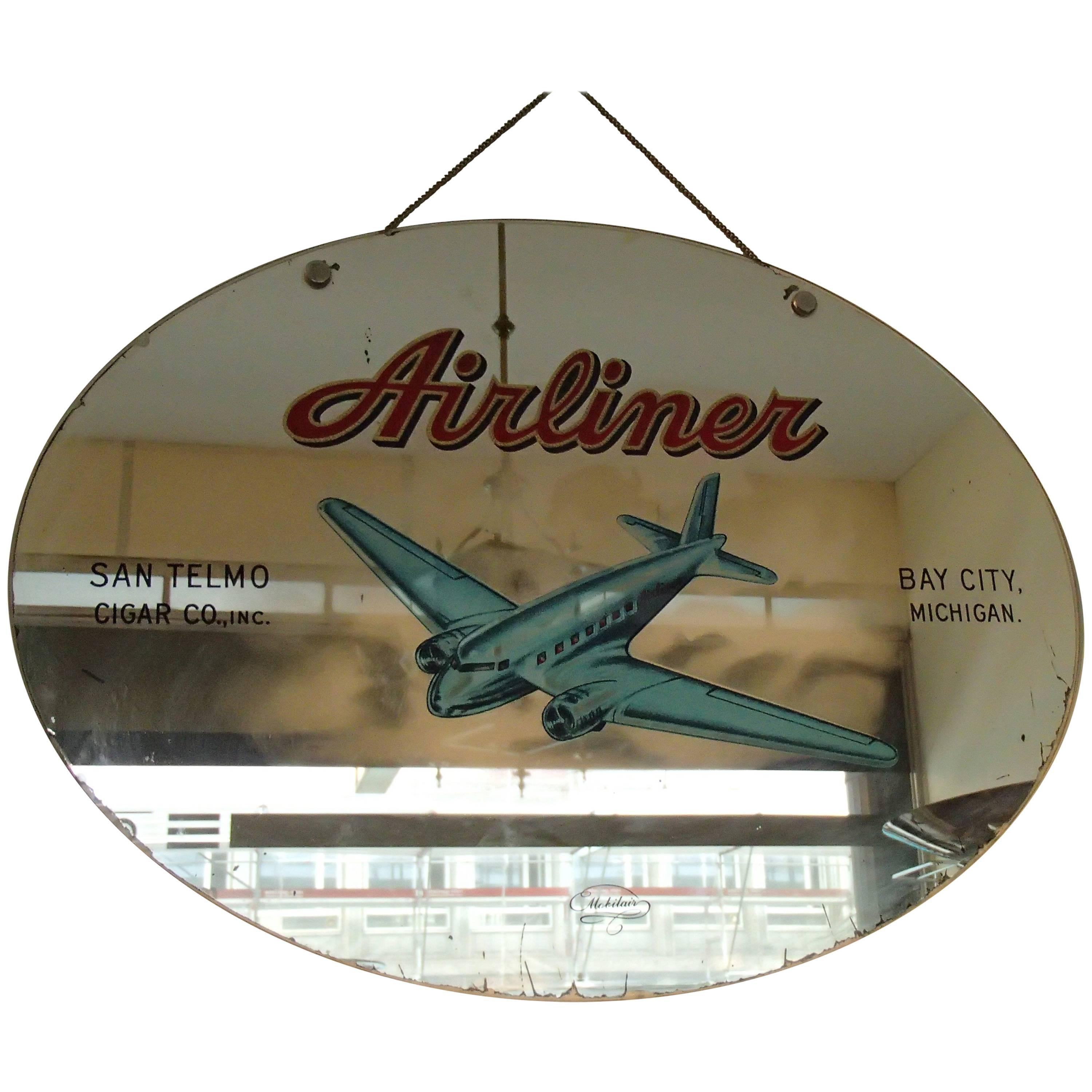 Miroir publicitaire du milieu du siècle « Airliner » San Telmo Cigar Co Bay City Michigan en vente