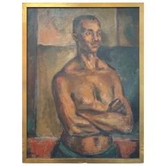 Mid Century African Black Male Athlete Original Oil Painting