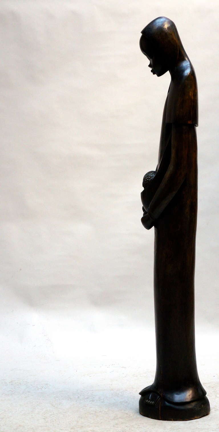 Congolese African Madonna and Child Hand-Carved Wooden Sculpture by Makengo B, Congo For Sale
