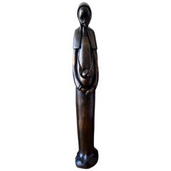 Vintage Midcentury African Hand Carved Wood Sculpture of Maria with Child
