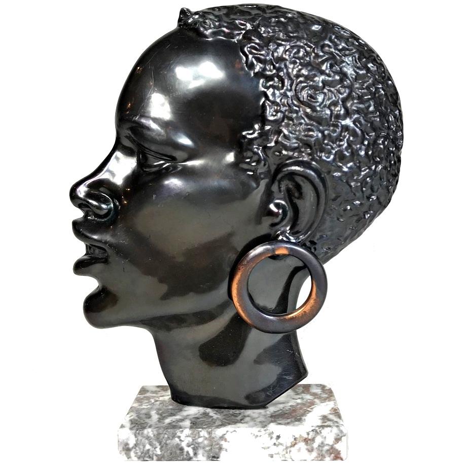 Midcentury African Woman Bronze Head Sculpture, Austria, 1950s