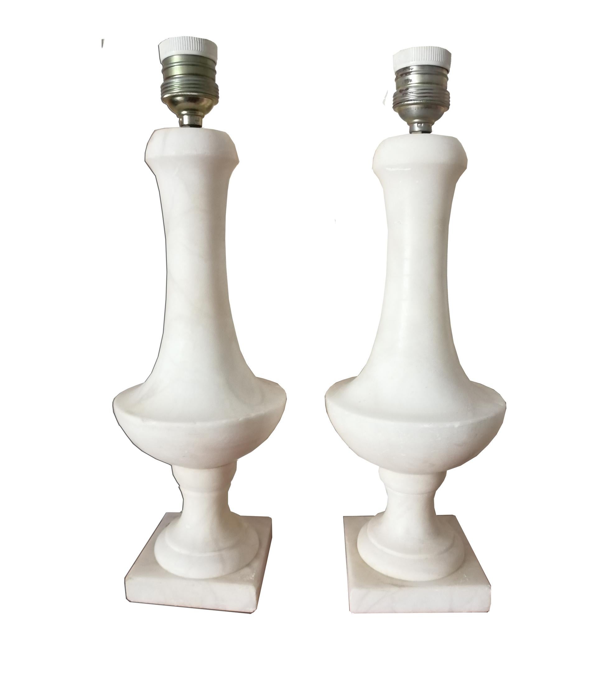 Brass Pair of Whiter Alabaster or marble Table Lamp, Italy, 1950s
