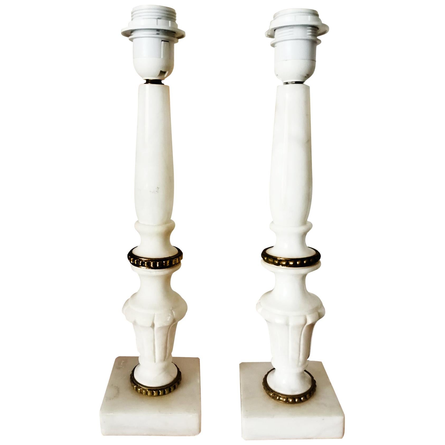 Marble Alabaster White Natural  Pair of Table Lamps  .Italy 20th Century  For Sale