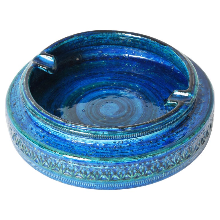 Midcentury Aldo Londi Blue Glazed "Rimini" Ceramic Ashtray, Bitossi Italy, 1960s For Sale