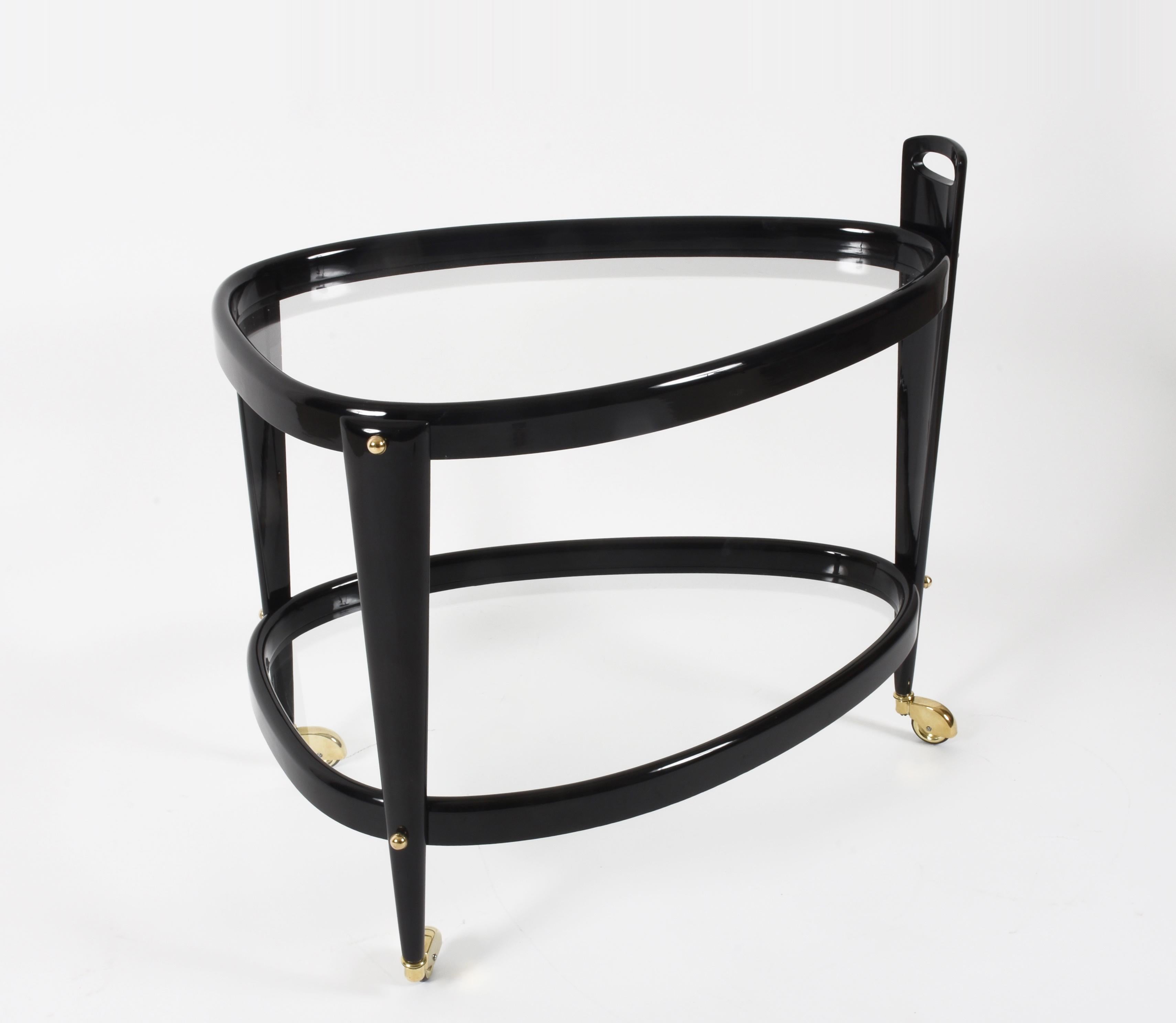 Midcentury Aldo Tura Brass and Ebonized Birch Wood Italian Oval Bar Cart, 1950s 5