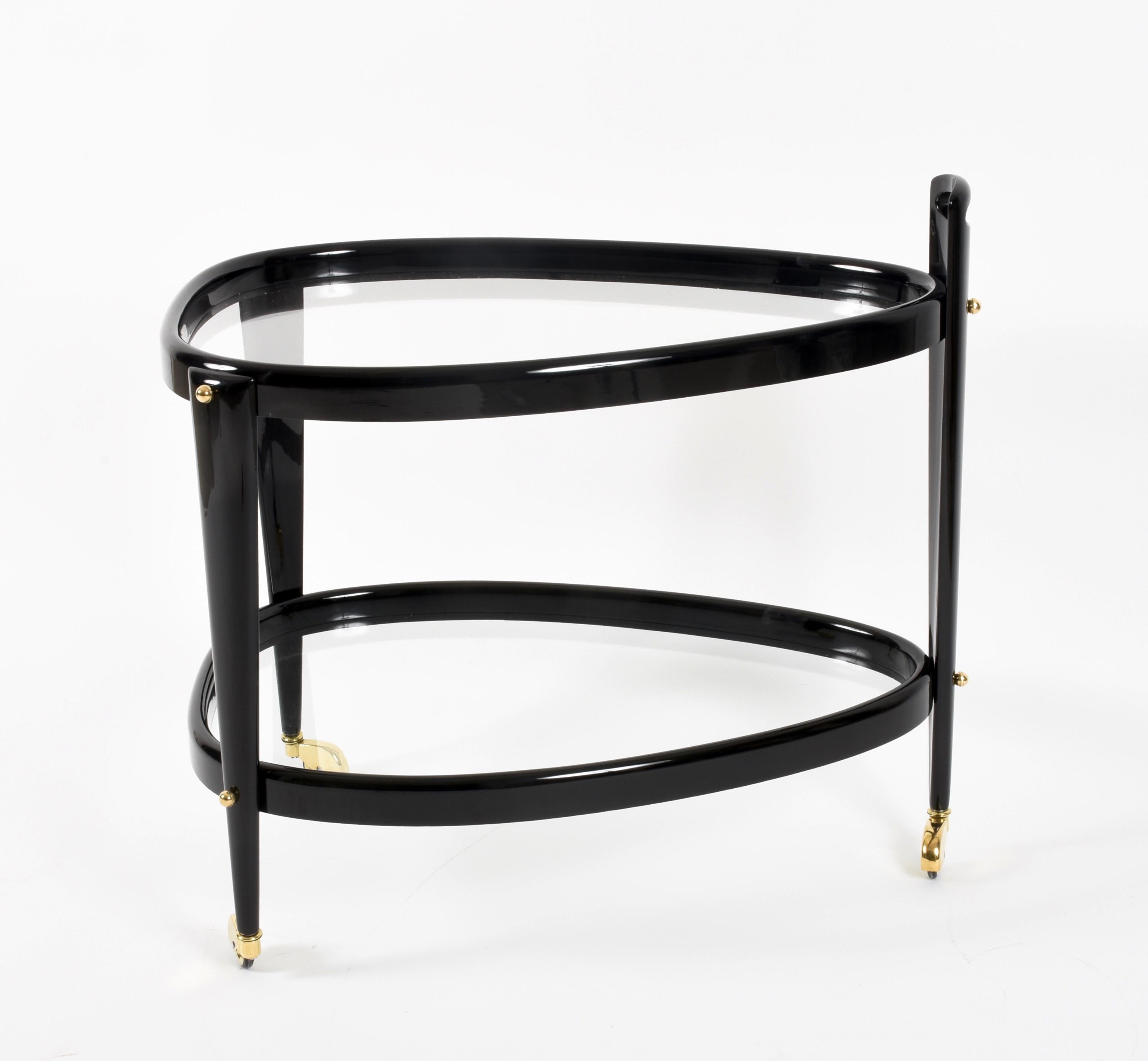 Midcentury Aldo Tura Brass and Ebonized Birch Wood Italian Oval Bar Cart, 1950s 7