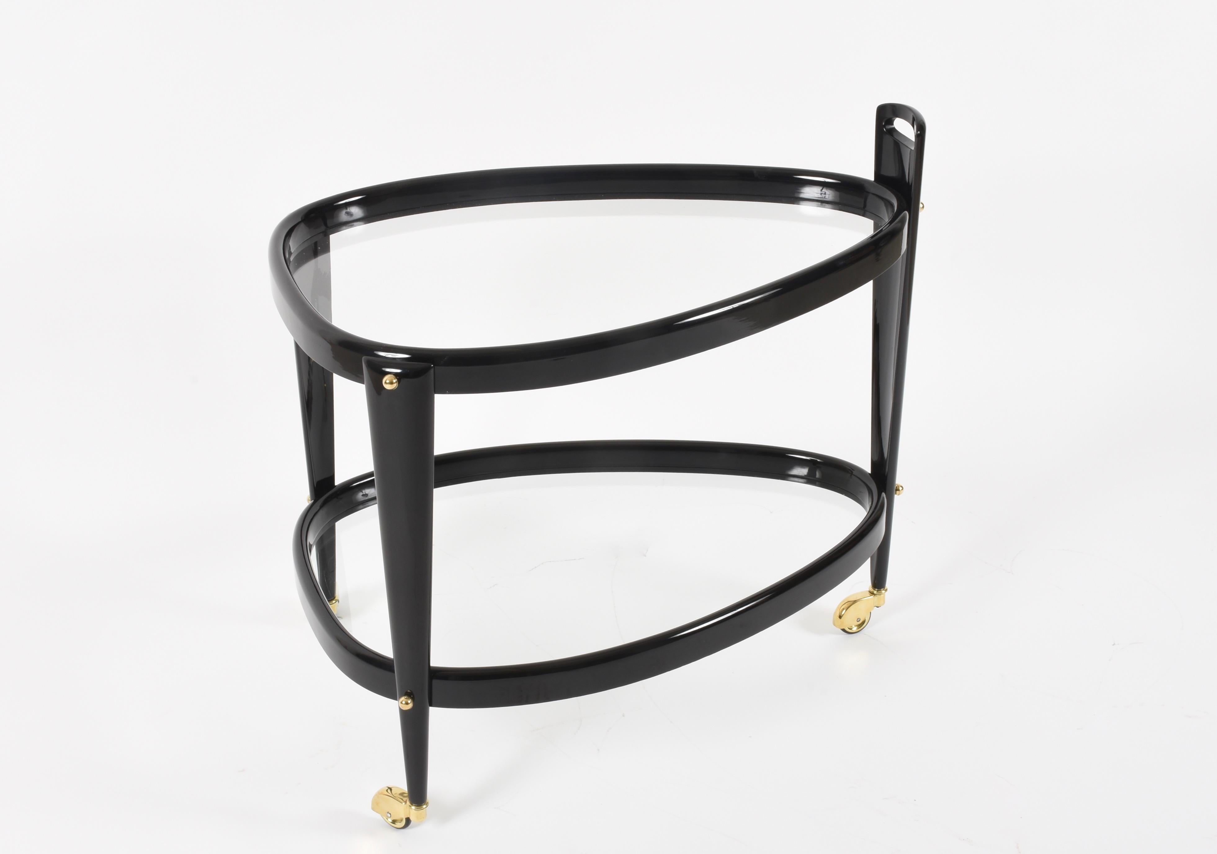 Midcentury Aldo Tura Brass and Ebonized Birch Wood Italian Oval Bar Cart, 1950s 9