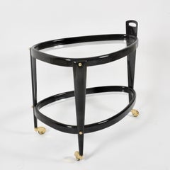 Midcentury Aldo Tura Brass and Ebonized Birch Wood Italian Oval Bar Cart, 1950s