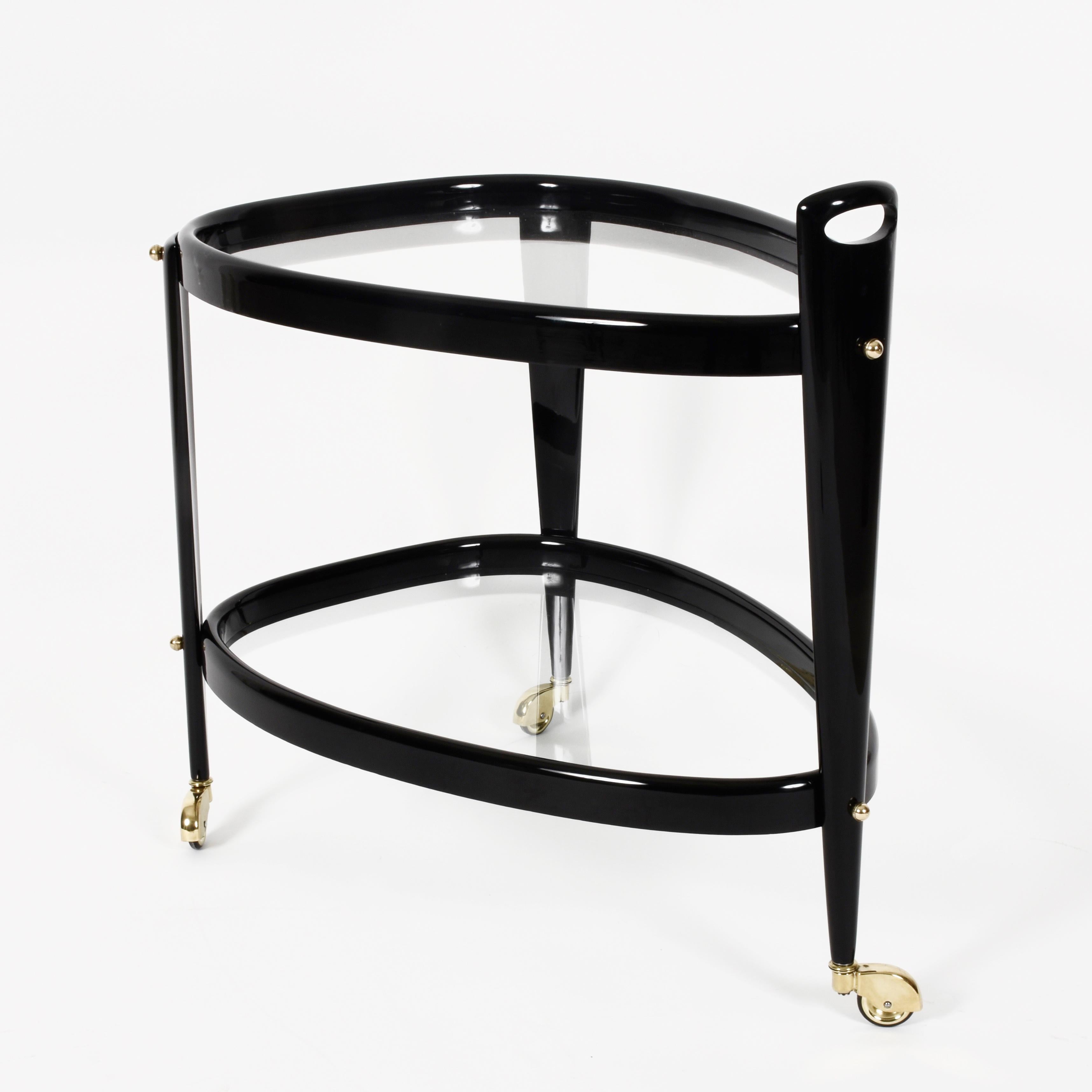 Mid-Century Modern Midcentury Aldo Tura Brass and Ebonized Birch Wood Italian Oval Bar Cart, 1950s