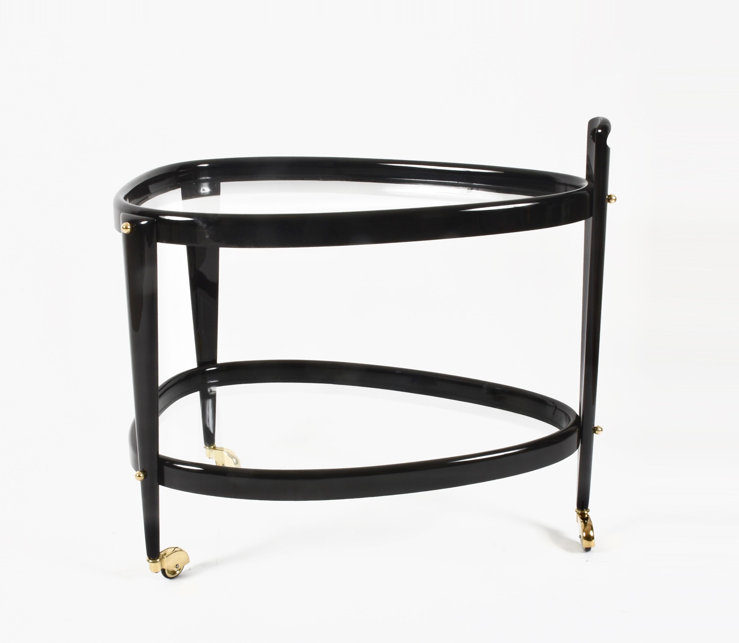 Midcentury Aldo Tura Brass and Ebonized Birch Wood Italian Oval Bar Cart, 1950s 4