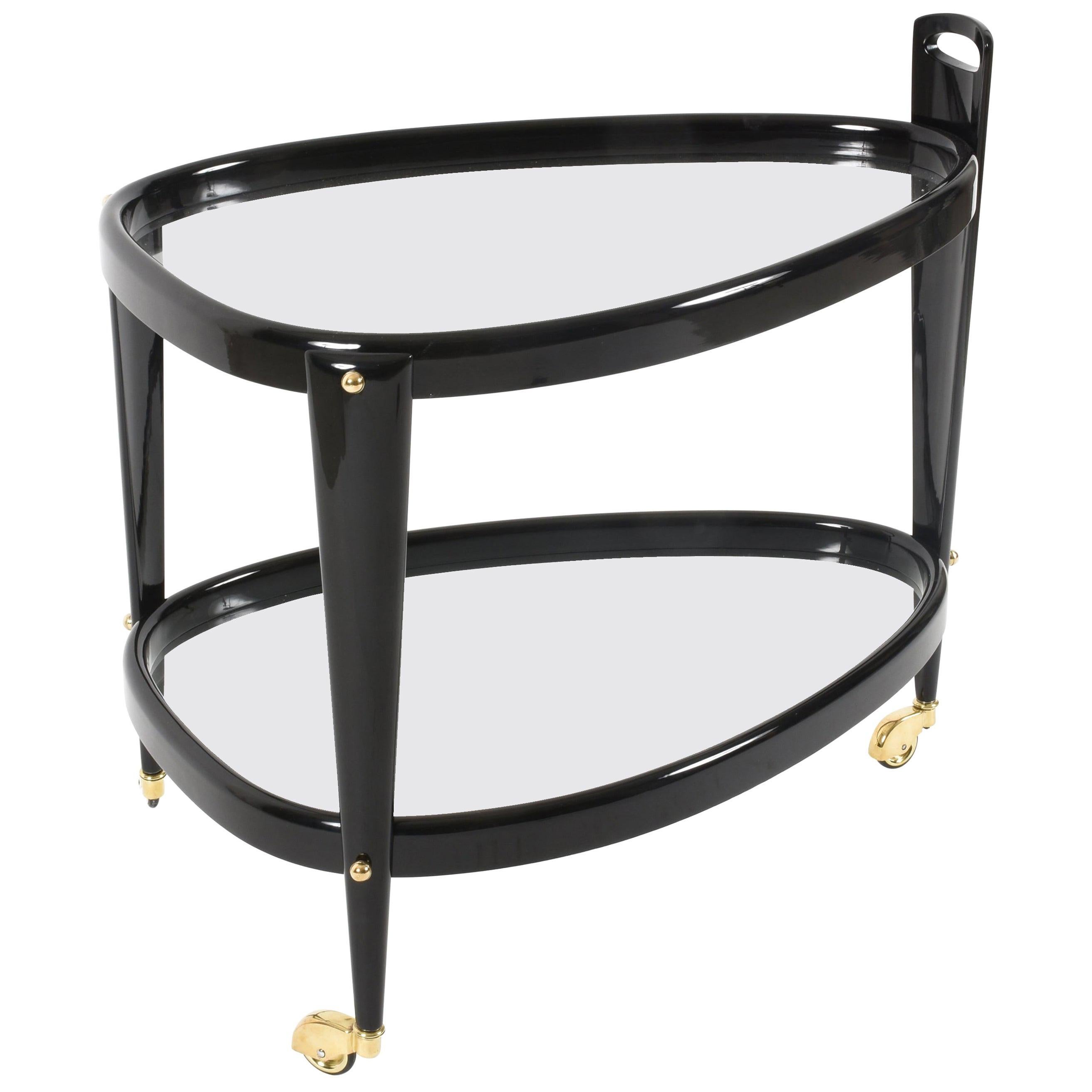 Midcentury Aldo Tura Brass and Ebonized Birch Wood Italian Oval Bar Cart, 1950s