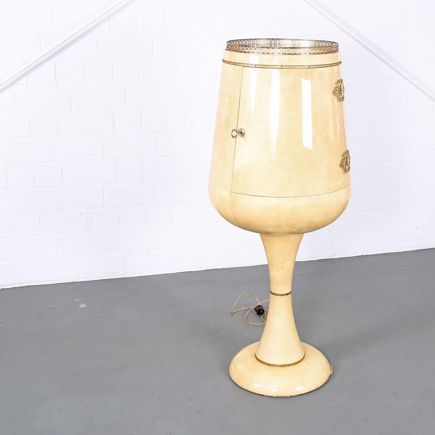 Mid-Century Modern Midcentury Aldo Tura Calice Goatskin Illuminated Dry Bar Cabinet Ice Bucket  For Sale