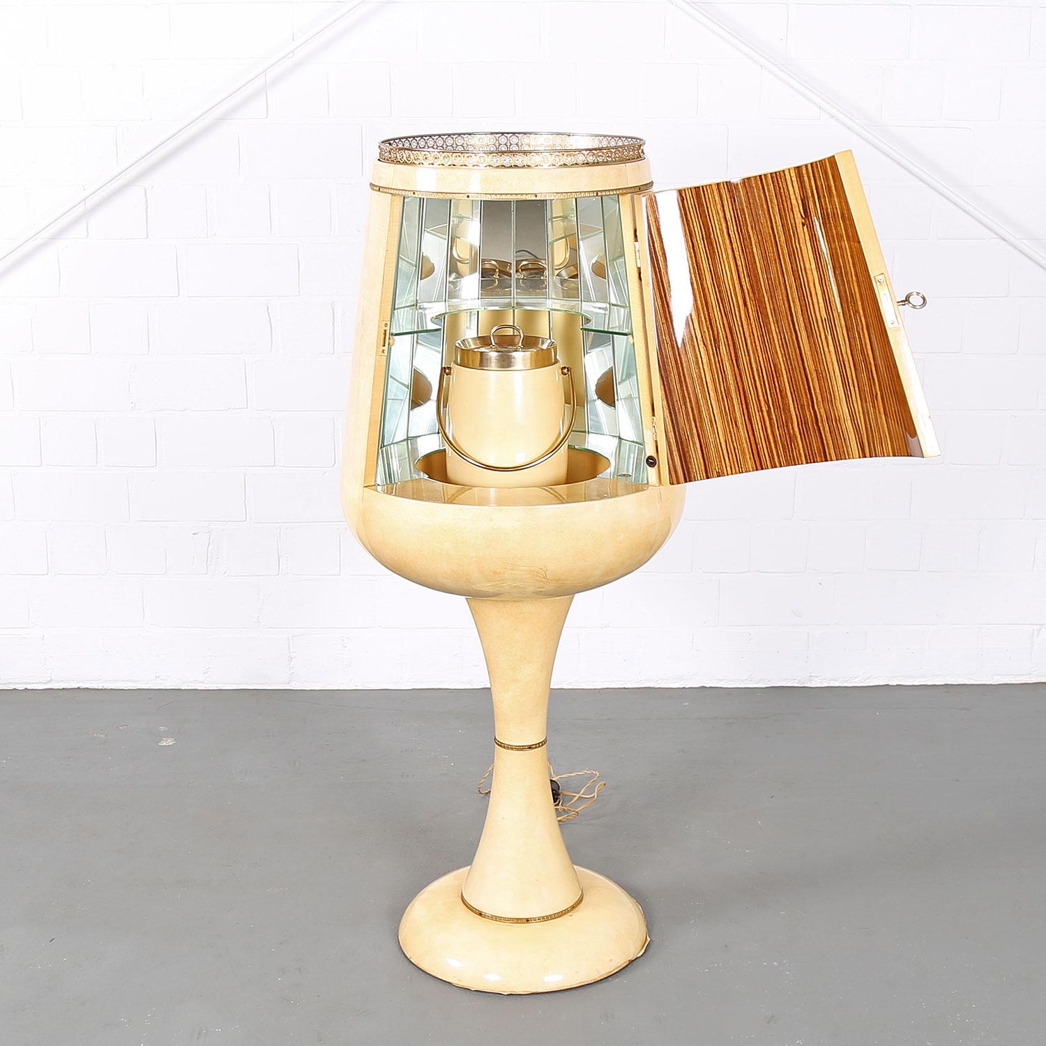 Italian Midcentury Aldo Tura Calice Goatskin Illuminated Dry Bar Cabinet Ice Bucket  For Sale
