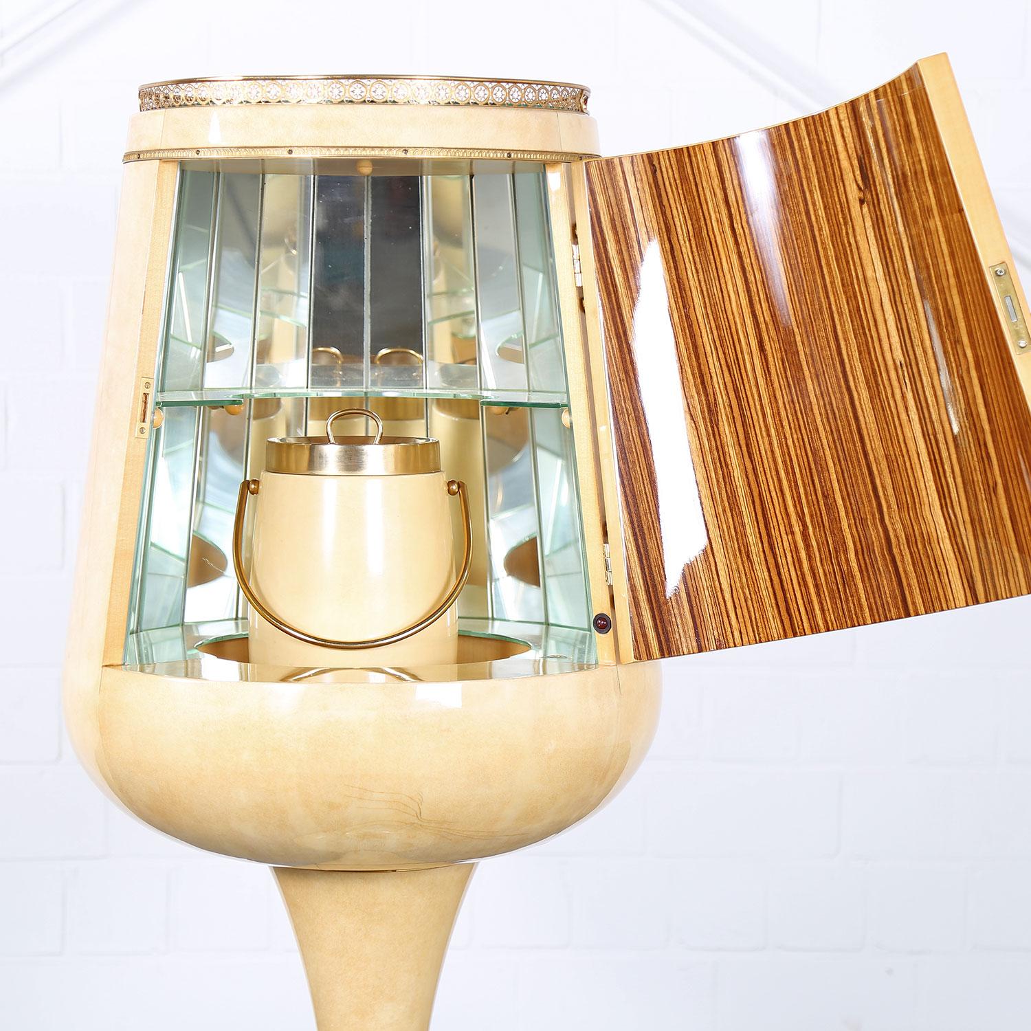 Lacquered Midcentury Aldo Tura Calice Goatskin Illuminated Dry Bar Cabinet Ice Bucket  For Sale