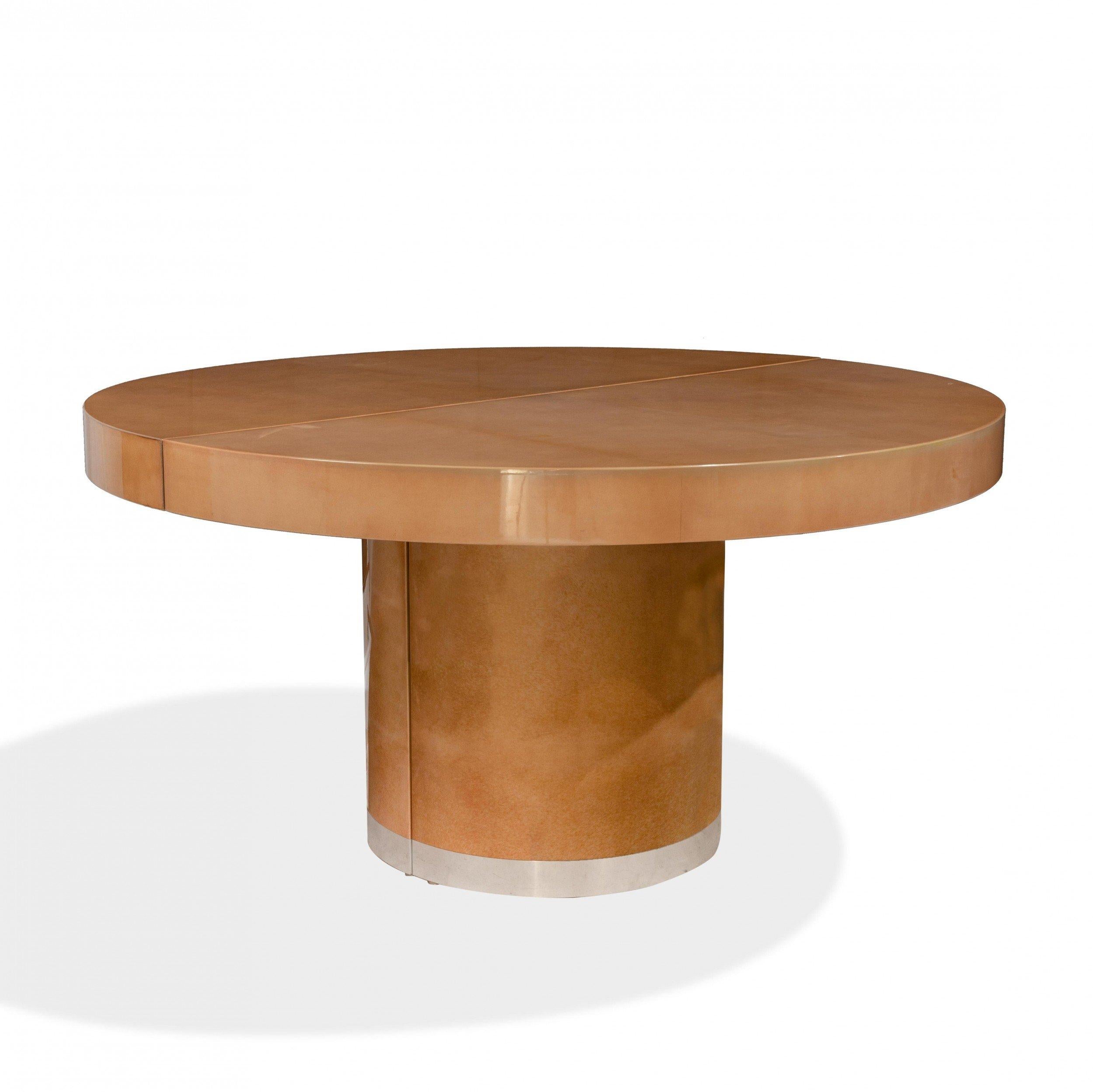 20th Century Midcentury Aldo Tura Italian Circular Goatskin Dining Table with Leaves For Sale