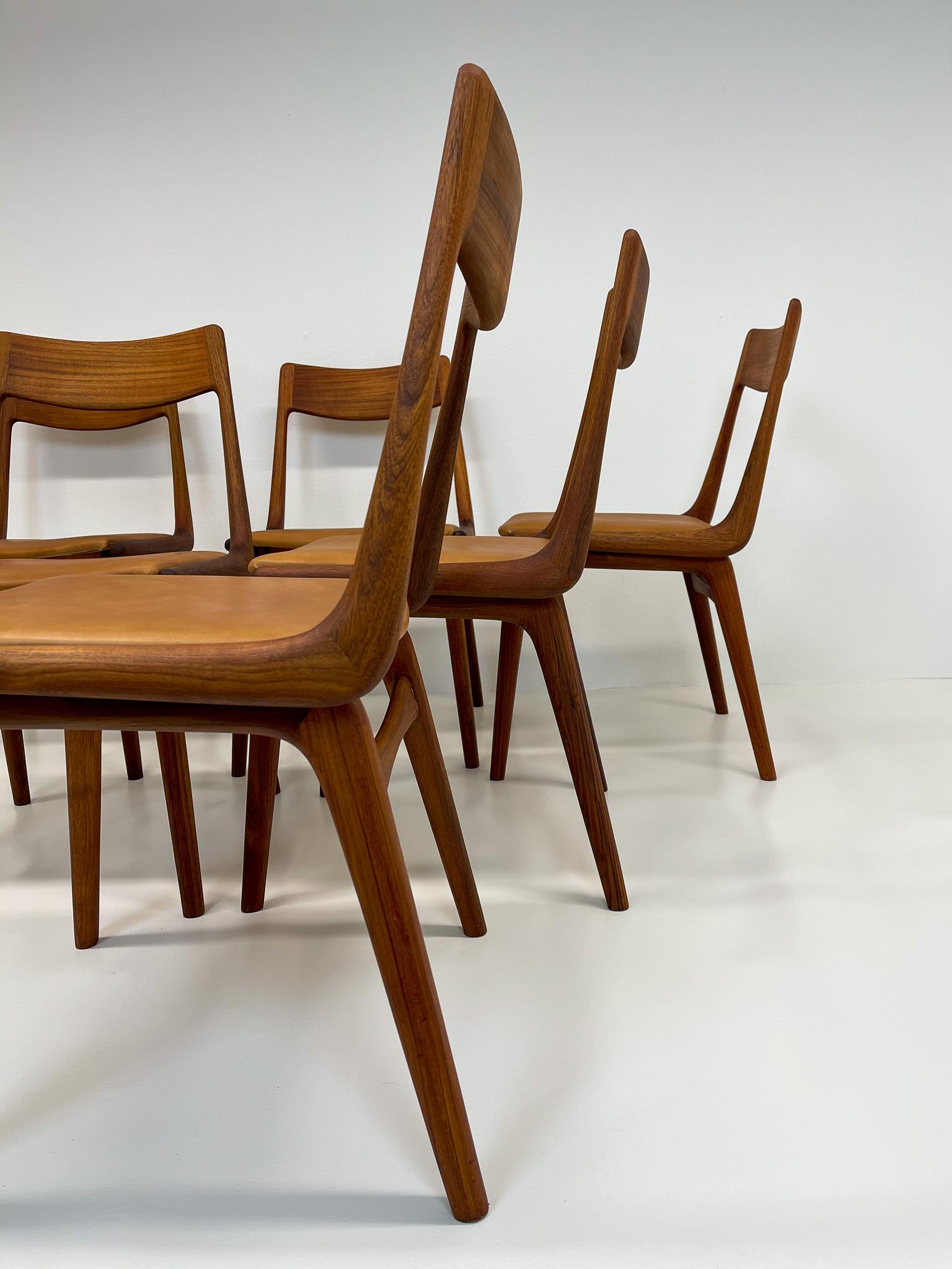 Midcentury Alfred Christiansen Teak and Leather 'Boomerang' Chairs 1