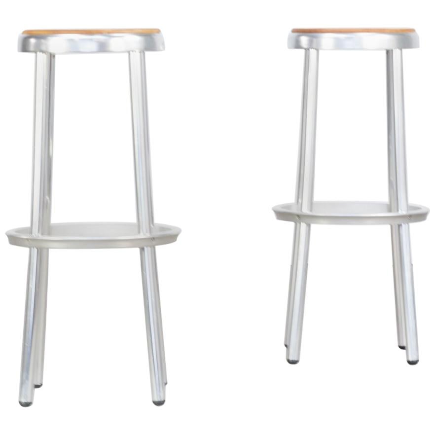 Midcentury Aluminium Framed Wooden Seated Stools Set of 2 For Sale