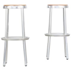 Midcentury Aluminium Framed Wooden Seated Stools Set of 2