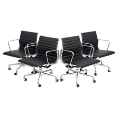 Midcentury Aluminum Group Black Leather Office Chairs by Eames for Herman Miller