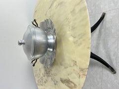 Soupière en aluminium du milieu du siècle avec poignées en porcelaine 1930s