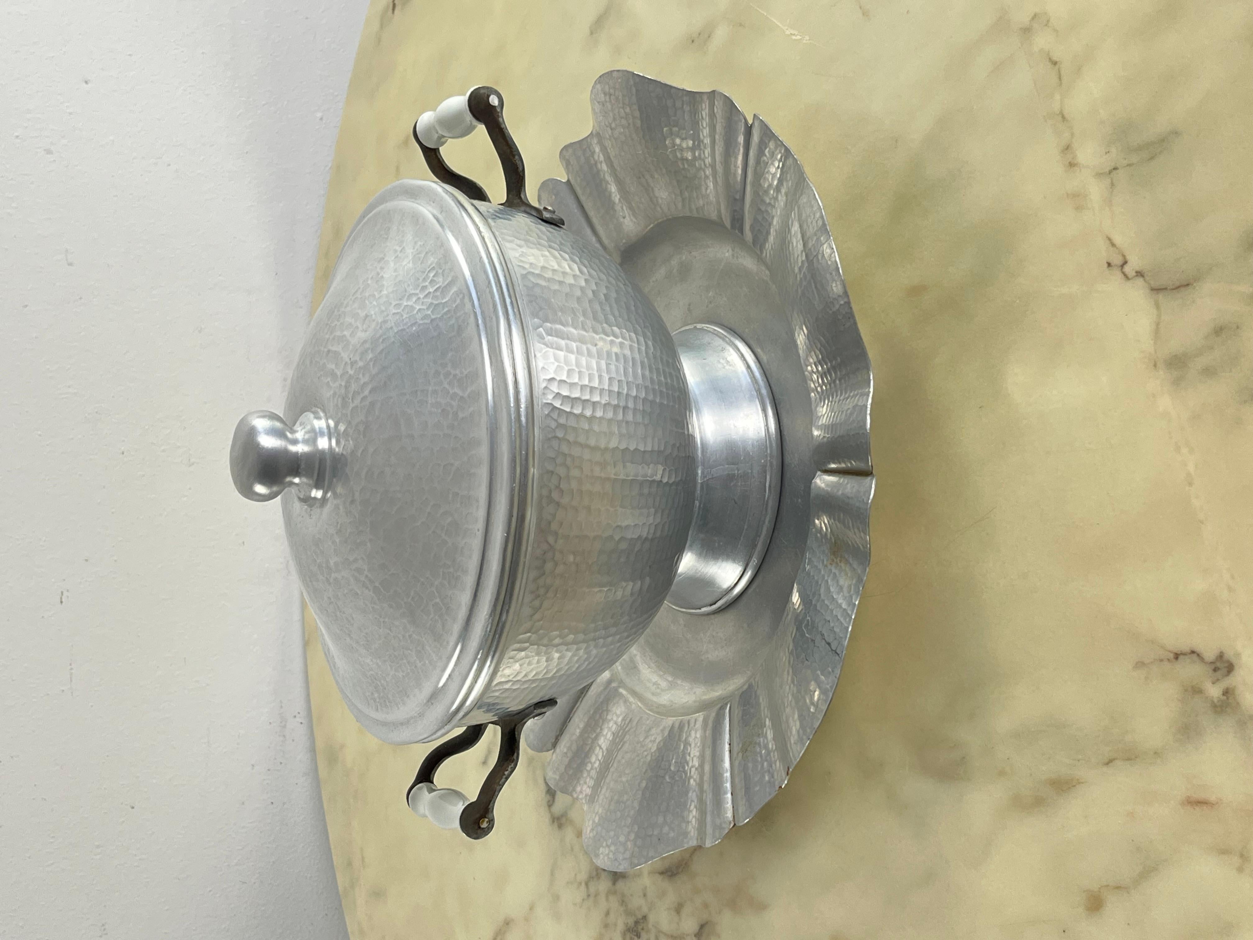Italian Midcentury Aluminum Soup Tureen With Porcelain Handles 1930s For Sale
