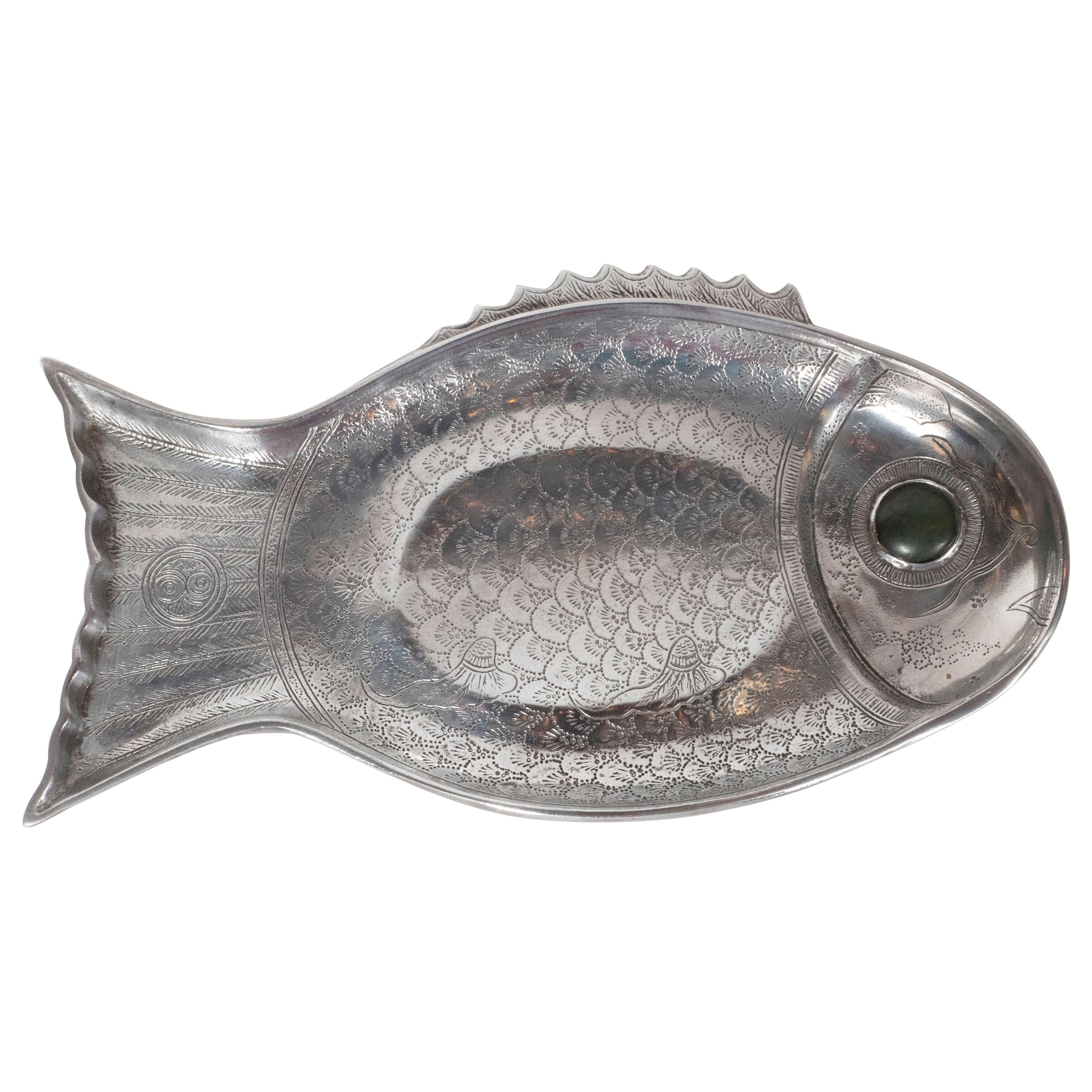 Midcentury Aluminum Stylized Fish Tray with Green Stone Eye by Arthur Court